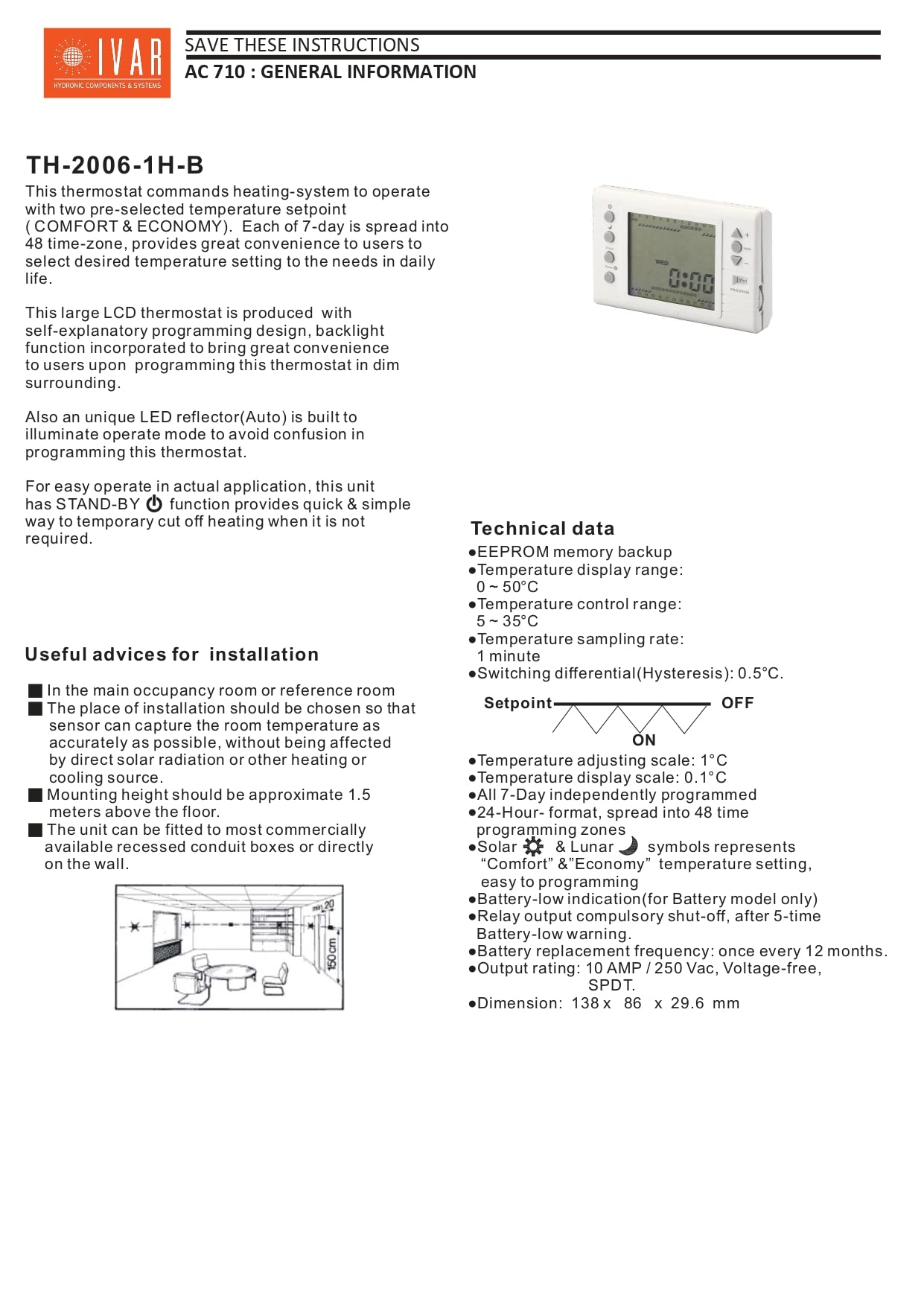 Ivar Cronotermostato AC710 Giornaliero/Settimanale a Batterie Bianco 580012