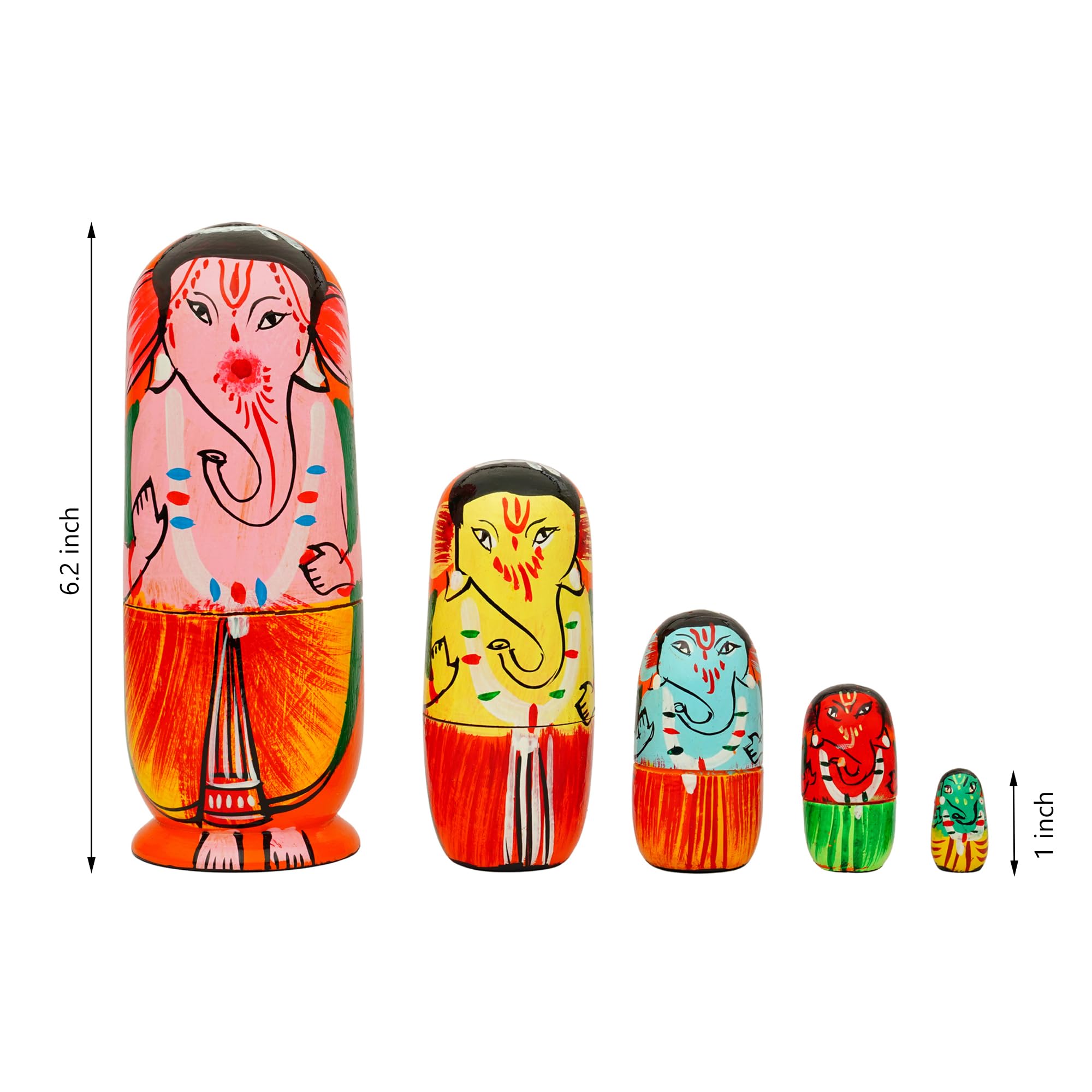 Fine Craft India Wooden Ganesha Nesting Dolls – Set of 5 Hand-Painted Decorative Lord Ganesh Figurines | Indian Spiritual Decor for Home, Gift, Temple or Festive Use - Image 2 thumbnail
