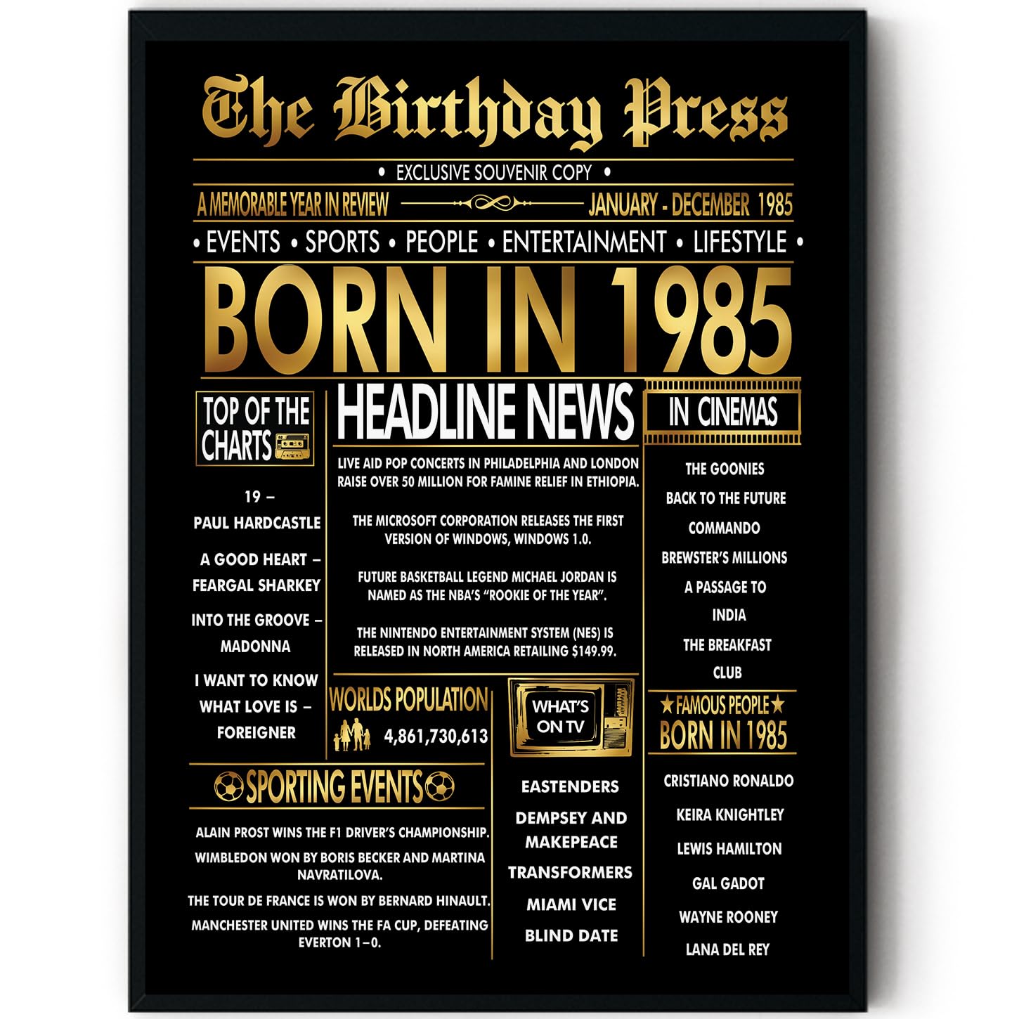 Stuff4 Men's 1985 Gold 41St Birthday Poster Framed - Golden Born In Newspaper - Happy 41 Birthday For Wo Retro Vintage Gifts Back In 8X10 Inch Bday Party Decor Decoration