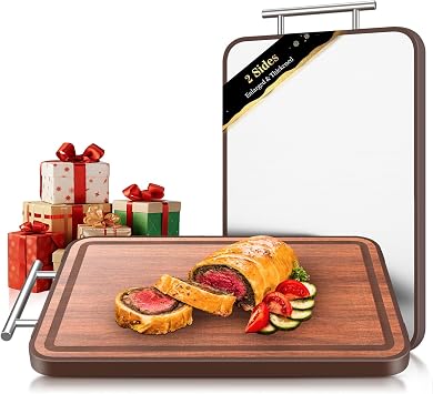 Stainless Steel Cutting Board for Kitchen with Lip Wood & Metal, 16.3"x11", Non Plastic Ebony Wood Double Sided Cutting Boards, Charcuterie Chopping Board for Defrost | Idea