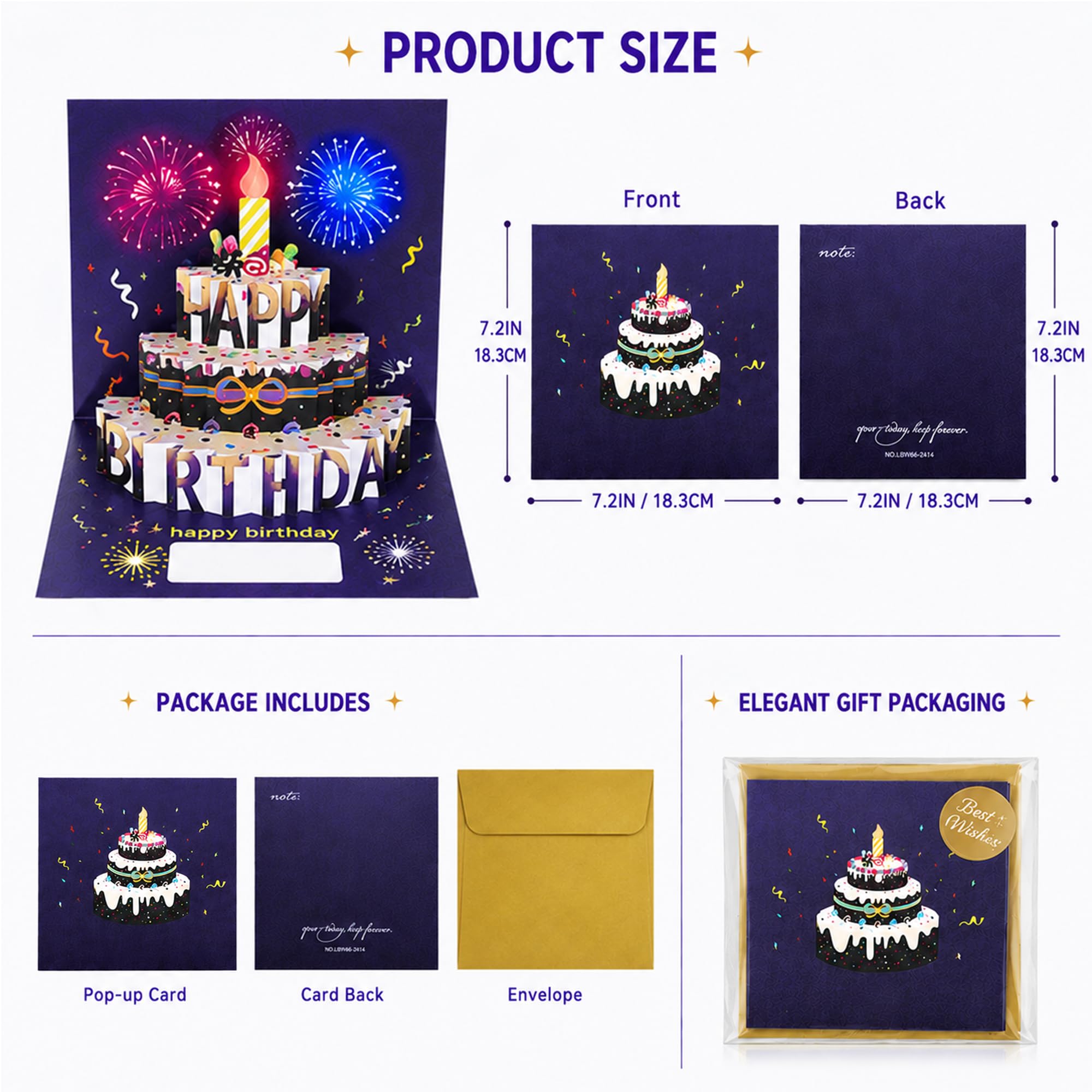 Tarjetas de cumpleaños con diseño de fuegos artificiales, luces, música y sonido de fuegos artificiales en 3D, tarjetas de cumpleaños emergentes con sobre y etiqueta para notas, luz y música soplables