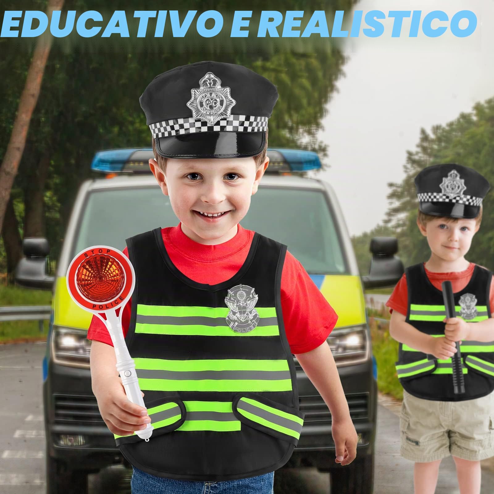deAO Costume Poliziotto Bambino, 14PCS Accessori Polizia per Bambini | Giocattolo Attrezzatura della Polizia, Gilet Occhiali da Sole, Walkie Talkie Giocattolo Gioco di Ruolo per Halloween 6+anni