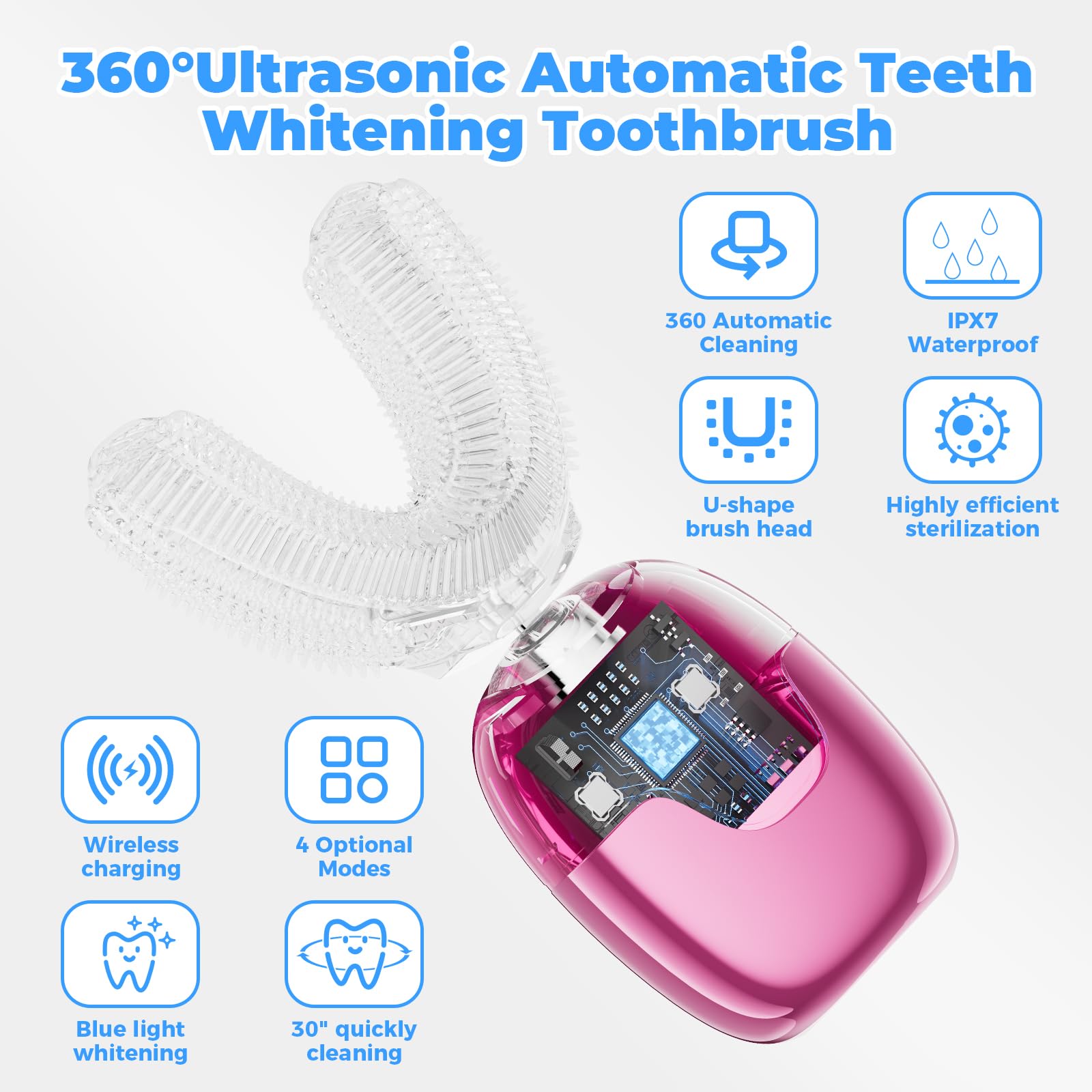 Spazzolino elettrico ad ultrasuoni per adulti, spazzolino automatico a forma di U per tutta la bocca, pulizia a 360°, sbiancamento dei denti, ricaricabile a mani libere, impermeabile IPX7