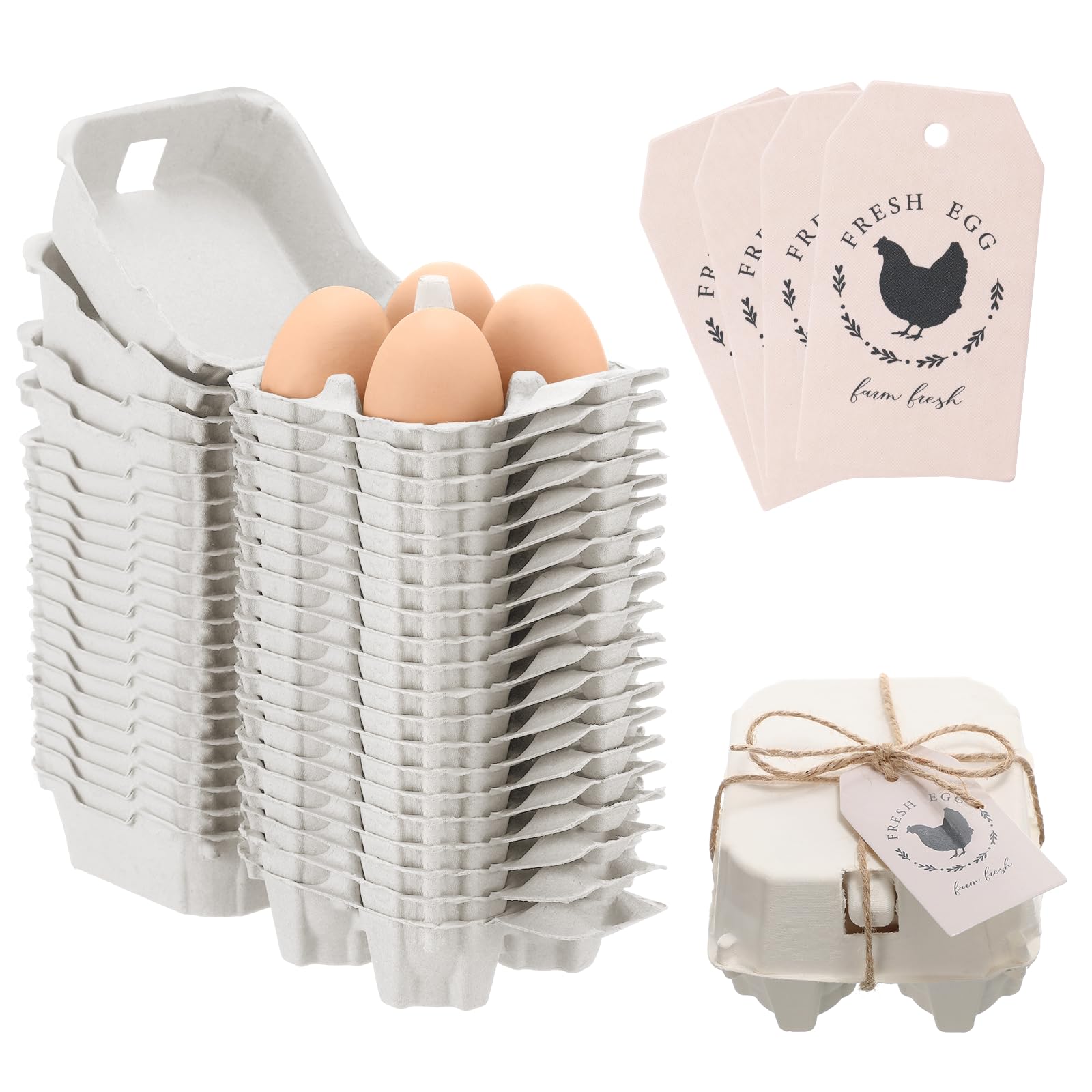Photo 1 of Fullhawl 36 Pcs 4 Count Egg Carton Bulk Half Dozen Reusable Sturdy Natural Pulp Paper Cardboard Egg Carton Storage Eggs Gift Box with Label Jute Rope for Kitchen Market Farm (White)