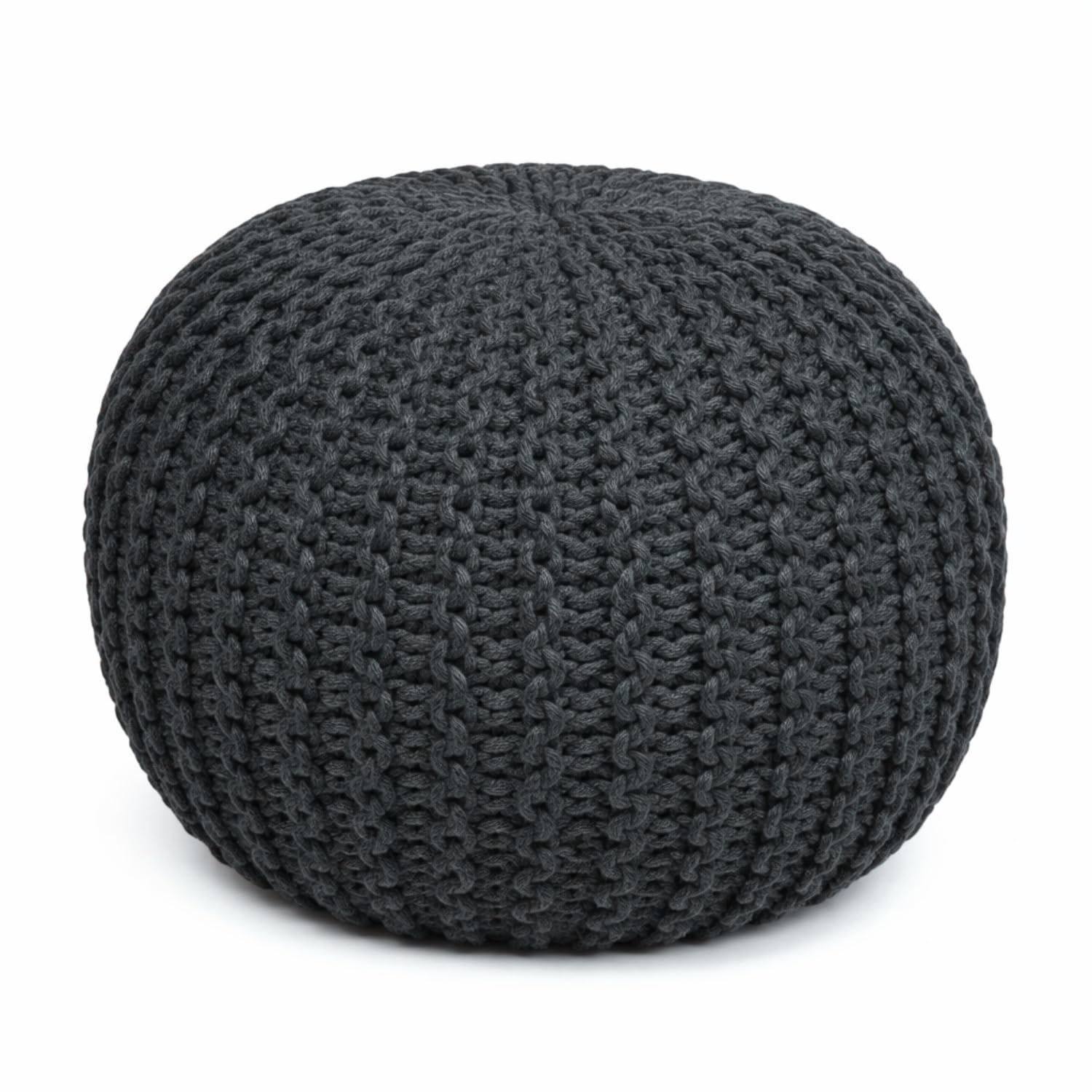 Crescent Textile Handmade Round Chunky Knitted Pouffe Footstool – Large 50x50x35cm Ottoman Pouffe in 100% Cotton Soft & Comfortable for Living Room, Footrest and Occasional Seating (Grey)