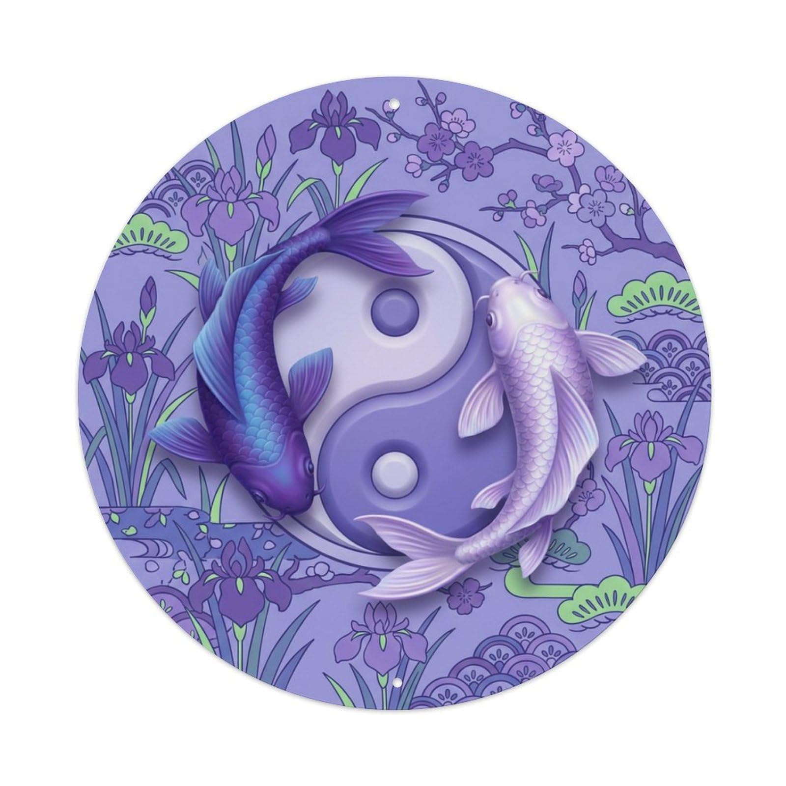 Metal Tin Sign Tai Chi Koi Fish Iris Purple Zen