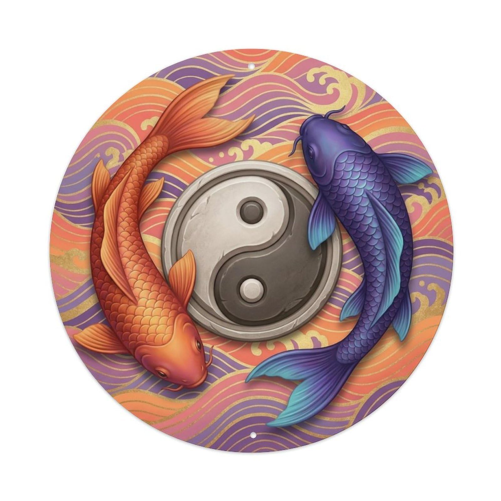 Olyhtr 8X8inch Classic Style Tai Chi Koi Nature Sunset Celestial Balance Metal Tin Sign