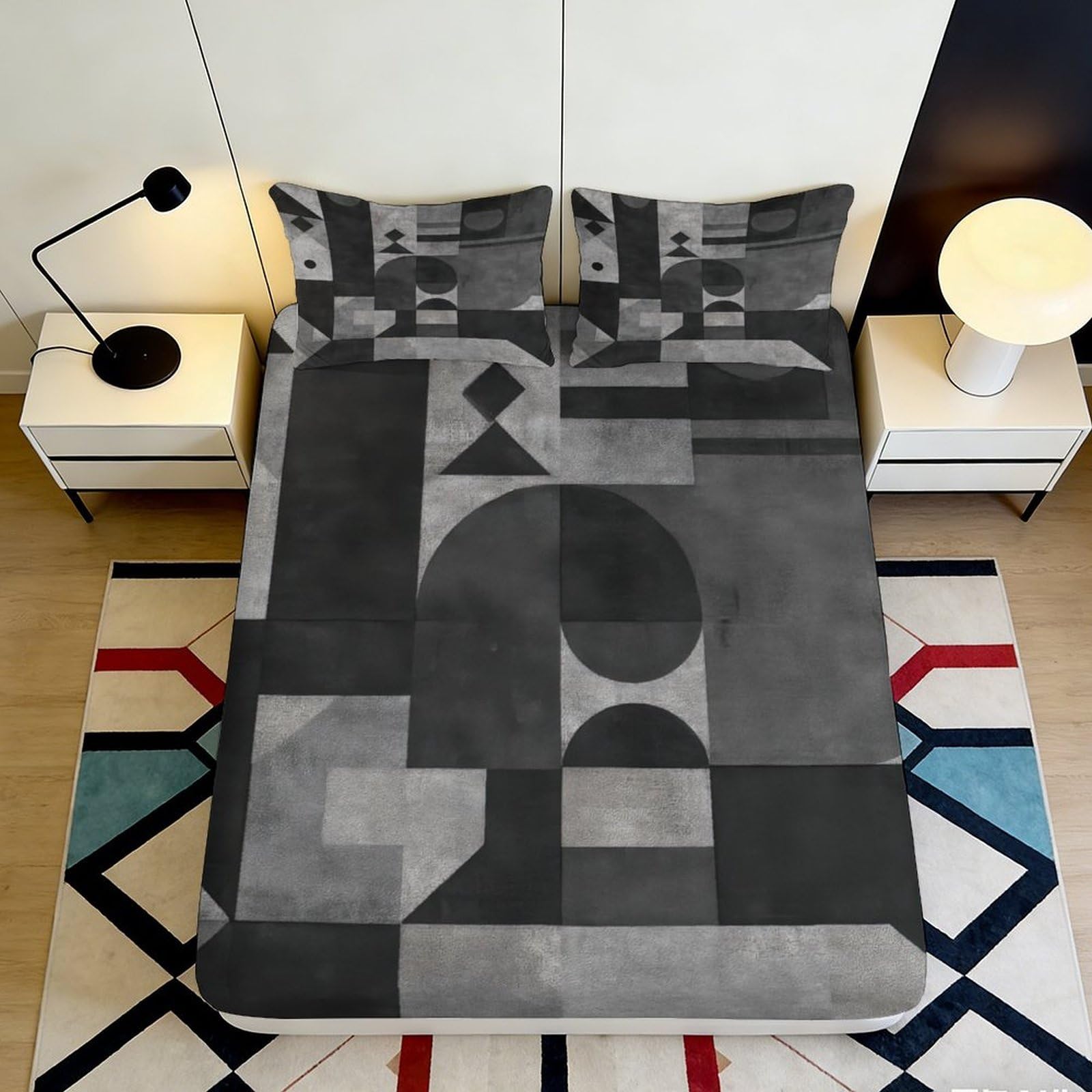 3D Printed Abstract Geometric Fitted Sheet Microfiber Durable Breathable Modern Pattern Mattress Cover for Bedroom Dormitory Guest Room Protection 90x200x25cm