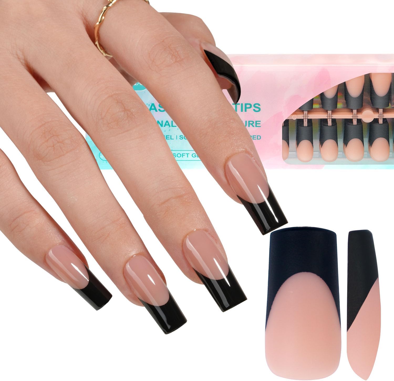 240Pcs Black French Tip Press on Nail Long Square Gel Fake Nails