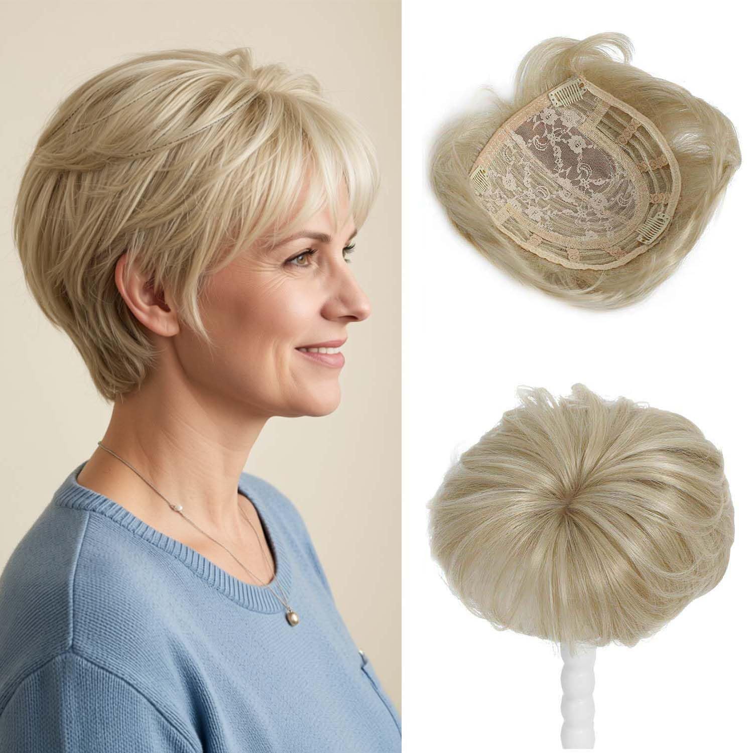 11cm glatter Echthaaraufsatz für Frauen mit dünner werdendem Haar, atmungsaktiv, 17 x 17 cm, Rosenspitze, Seitenteil, Damen-Toupet, kurzes Clip-in-Haarteil für den täglichen Gebrauch HD22
