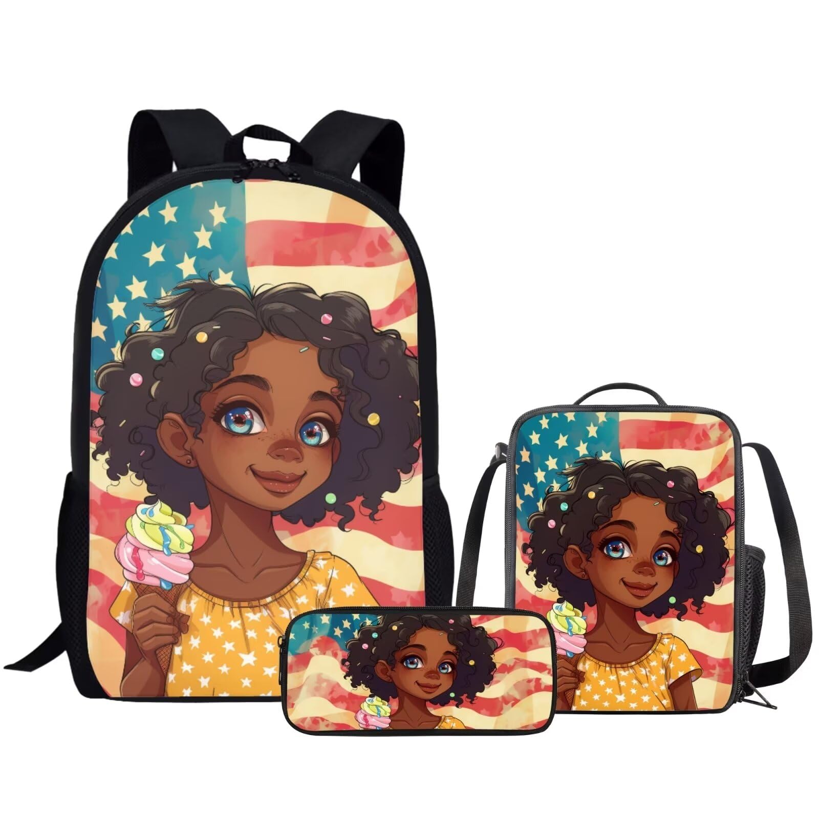 Epaihaiy Black Girl Backpack African American School Backpack Set for Kids American Flag Backpack with Lunch Box for Girls 6-8 Elementary Back Packs