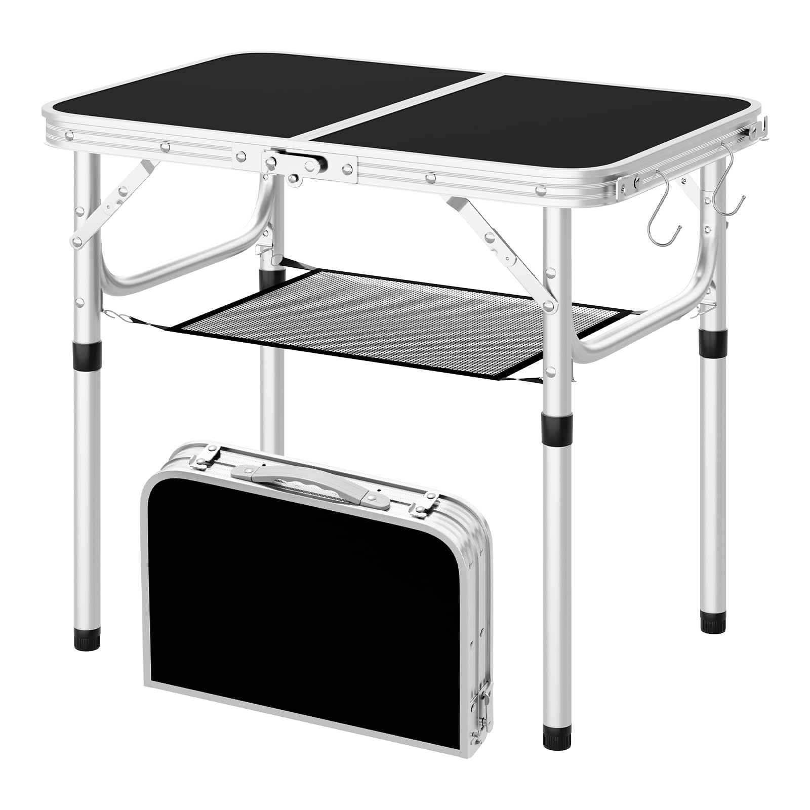 WOLTU Klapptisch Höhenverstellbar 25/36/50/60 cm, 60x40cm Tischplatte, mit Aufbewahrungsnetz und Haken, aus MDF und Alu, Campingtisch für Picknick Grill Garten
