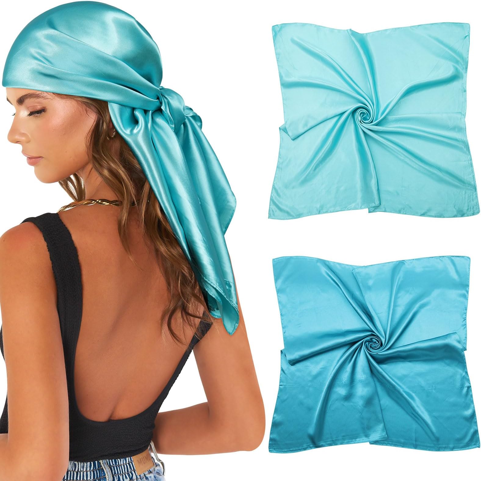 35” Large Satin Square Head Scarf - 2Pcs Silk Like Floral Head Scarves Square Satin Hair Scarf Bandanas for Women