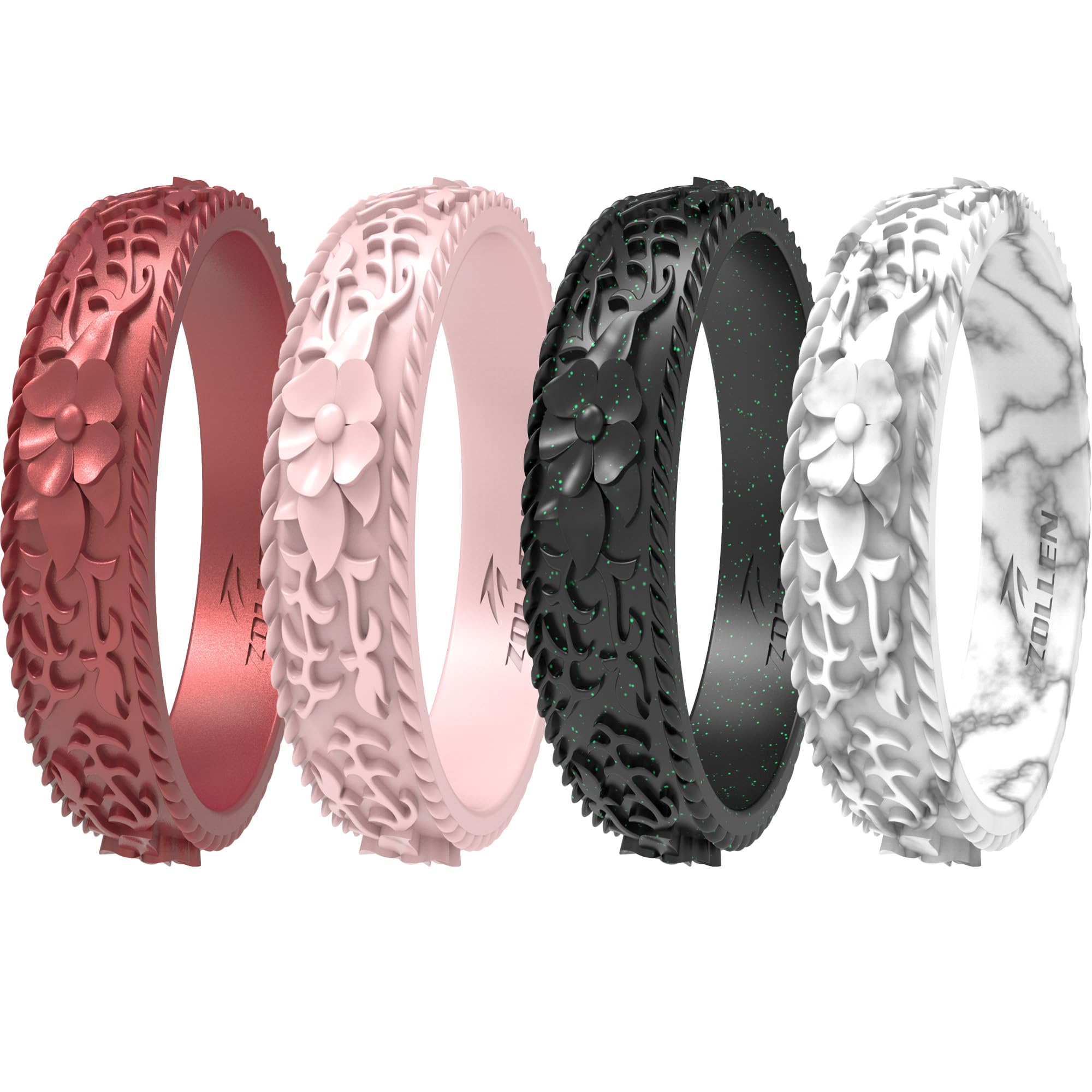 Silicone Wedding Rings for Women 1/4/7 Packs -Stackable Silicone Rubber Wedding Bands - Innovative Flower &amp; Vine Collection
