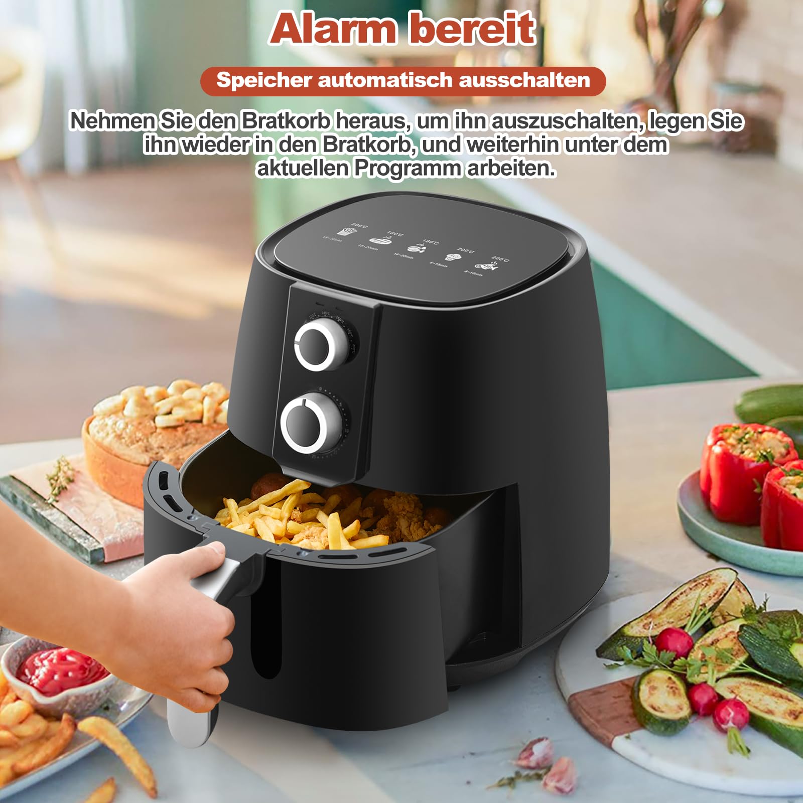 TUKAILAI Friggitrice Ad Aria Calda 5L – 1450W, Doppio Pulsante, Termostato 80-200°C, Timer 30', Cottura Sana Senza Olio - 4