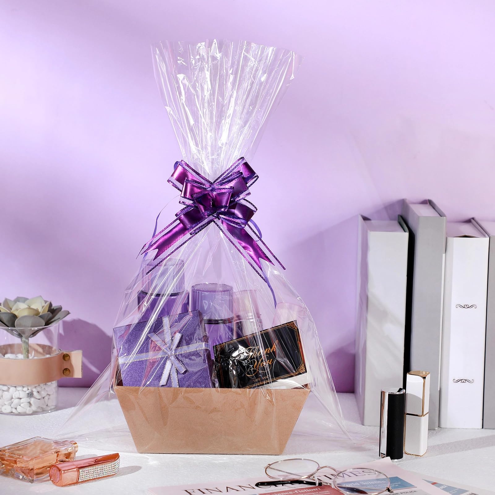 Set di 50 cesti vuoti per regali, 20 x 15 x 7 cm, in carta kraft con manici, 18 sacchetti e 20 fiocchi multicolori per confezioni regalo di compleanno di nozze