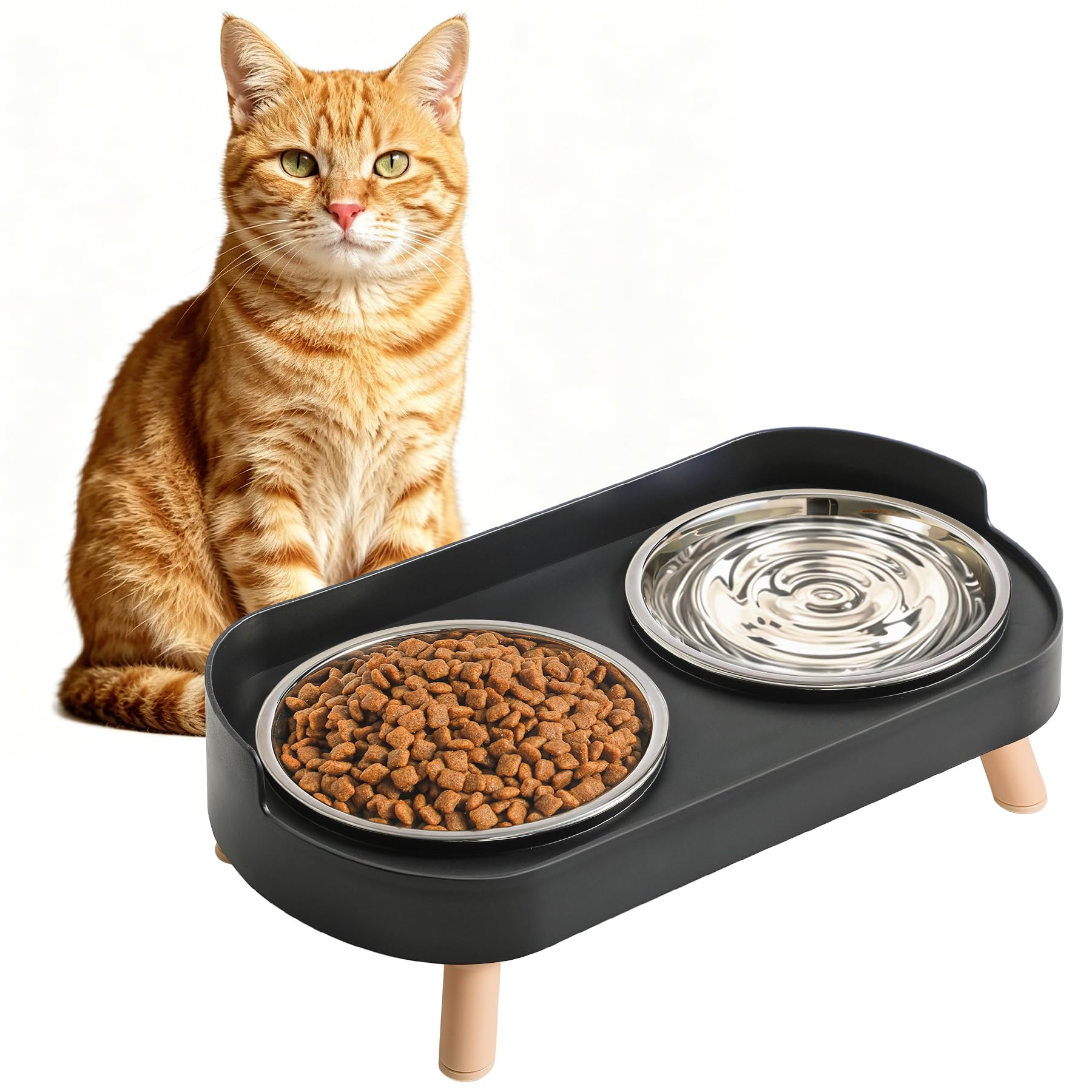LoeJan Elevated Cat Bowls Set - Raised Cat Food and Water Bowl Set with Non Slip Stand - Pet Feeding Station with 2 Stainless Steel Bowls with Splash Proof Guard (Black)