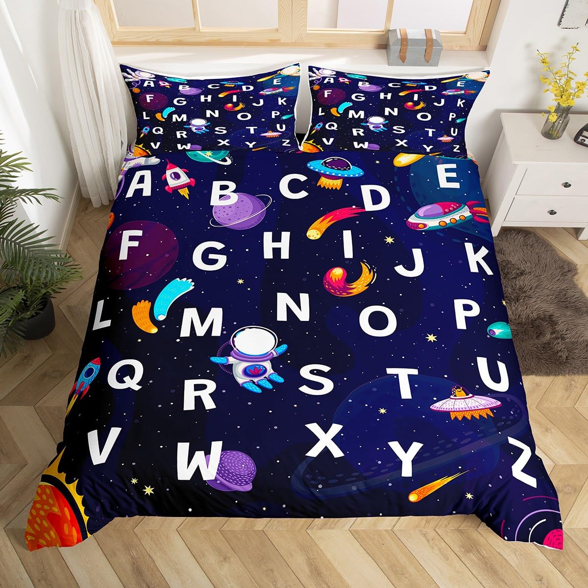Homemissing Kids Outer Space Bedding Set ABC Alphabet Duvet Cover for Boys Girls Space Galaxy Bedroom Decor Comforter Cover Set Educational Bedspread Cover With 1 Pillow Case Single