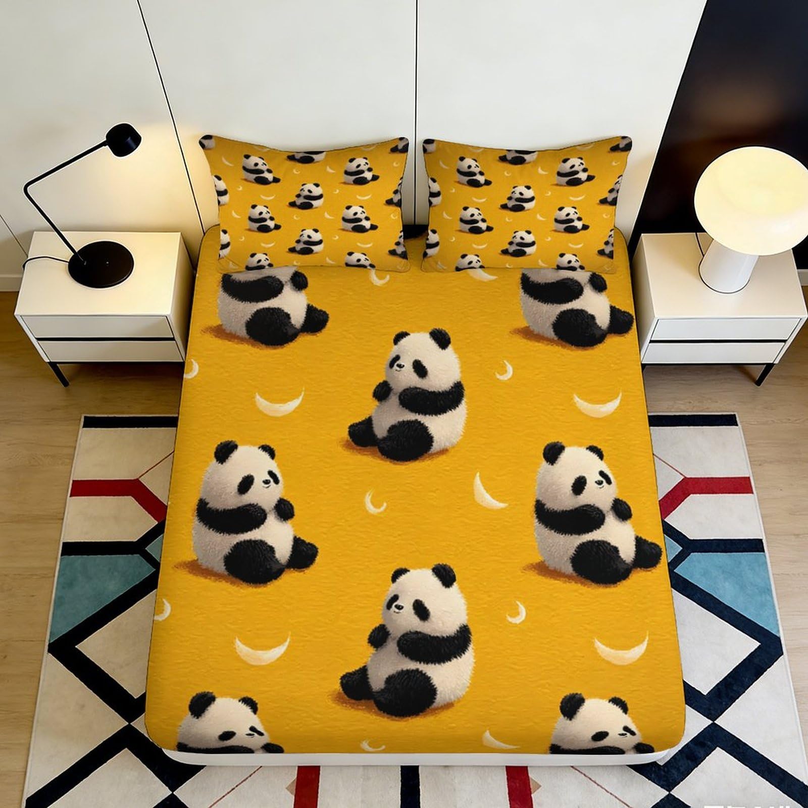 3D Printed Cute Panda Fitted Sheet Microfiber Soft Breathable Cartoon Bear Bed Cover for Bedroom Dormitory Guest Room Mattress Protection Decor 160x200x25cm