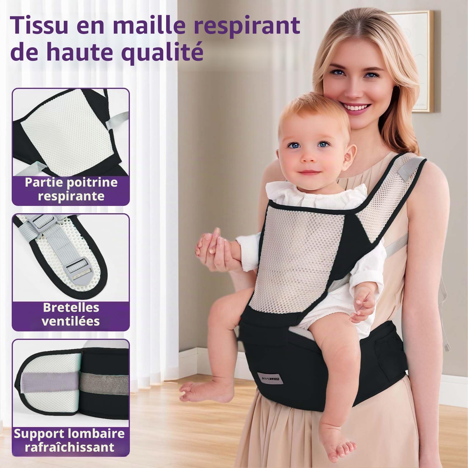 Porte-bébé Ergonomique avec Sangle Réglable - 6 en 1 Nouveau-né à Enfant en Bas âge, Porte-bébé Respirant en Mesh pour l'Été, Compact pour les Voyages & Aventures en Plein Air (noir)