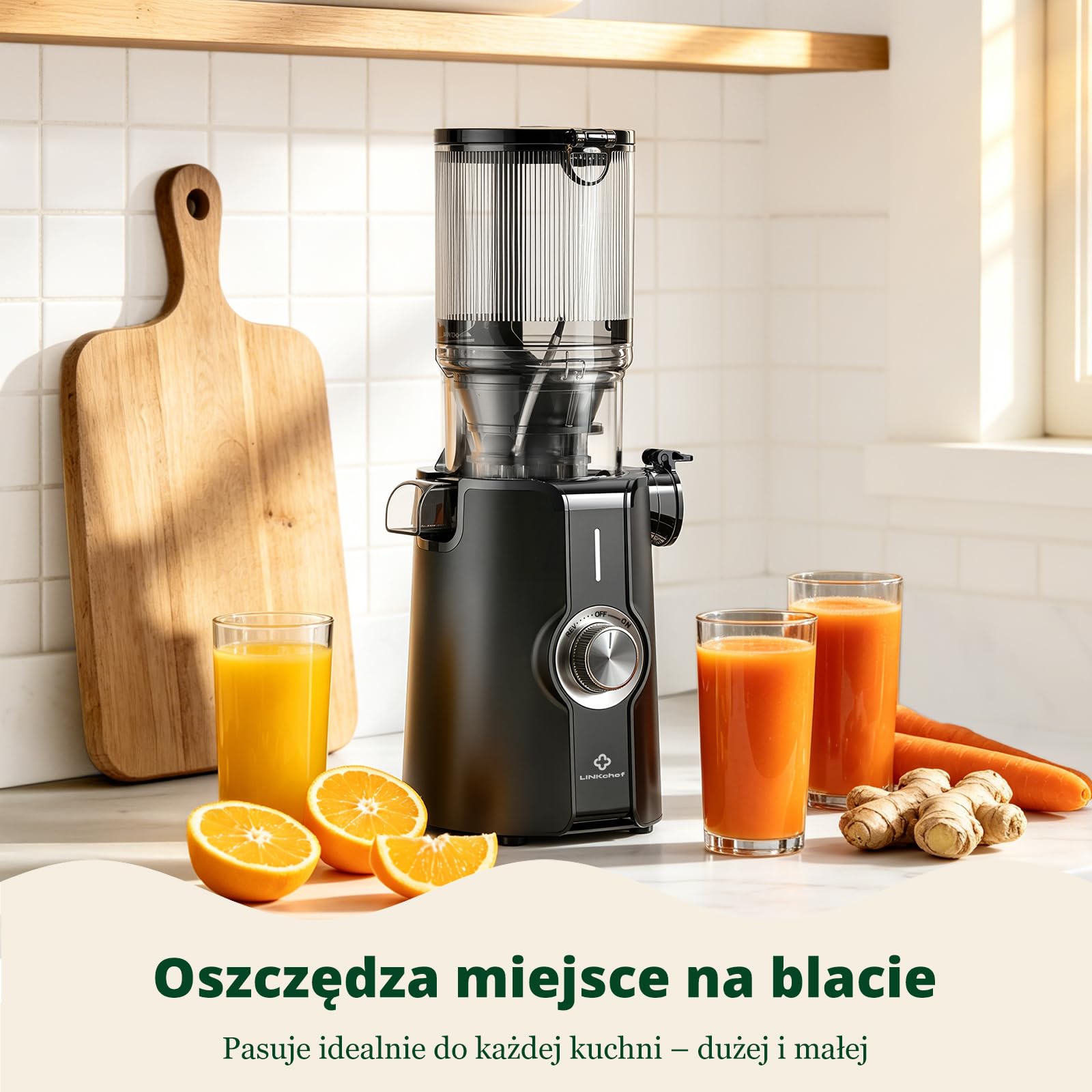 LINKChef Wyciskarka Wolnoobrotowa do Soków, Otwór 115mm na Całe Owoce i Warzywa, 200W Wyciskarka Wolnoobrotowa z Automatycznym Krojeniem, Bez BPA, Łatwe Czyszczenie i Montaż, Lekka, Czarny