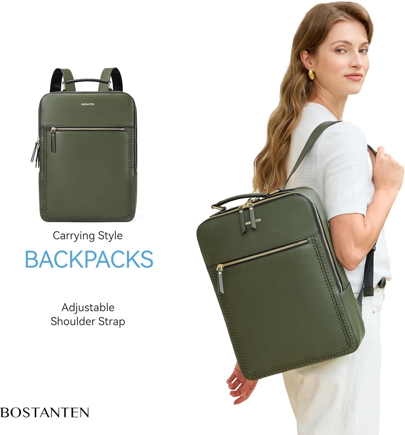 BOSTANTEN Leather Backpack 15.6 inch Laptop Bag Travel Casual Computer Backpack College Business Work Shoulder Bags with Trolley Sleeve for Women Men Olive Green - Image 2