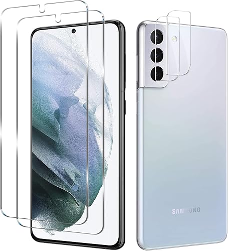 Protector de pantalla de vidrio templado para Galaxy S21 + protector de lente de cámara [2 + 2 unidades] [compatible con fundas] [antiarañazos]