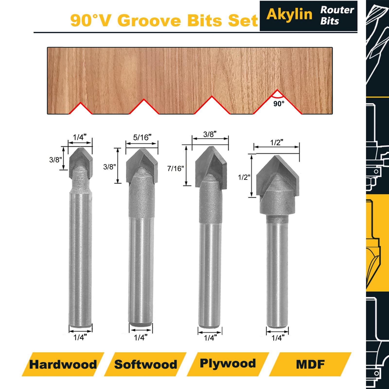 4pcs 90 Degree V Groove Router Bit Set, 1/4" Shank, Carbide Tips, V Grooving Cutters for Wood Carving Engraving & Signmaking - Image 2