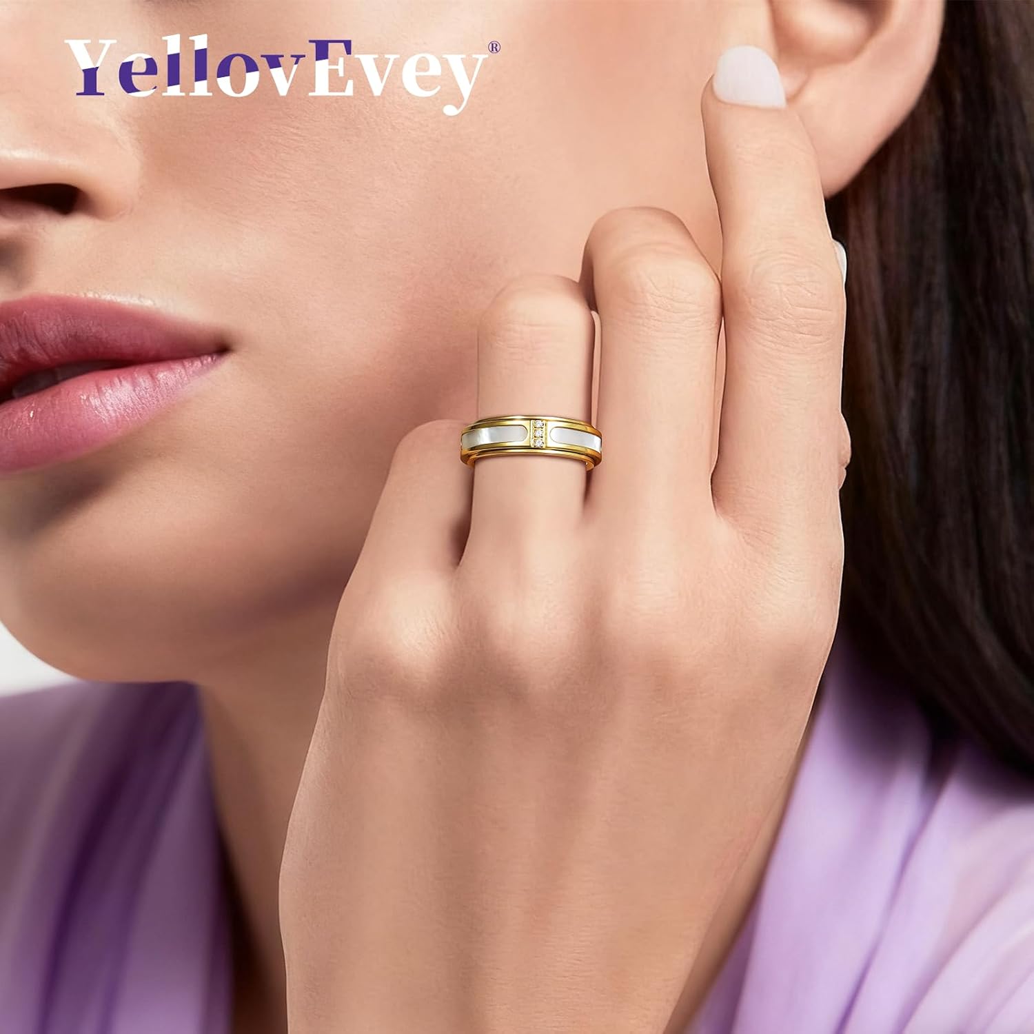 Fidget Spinner Ring for Women:18K Gold Plated Stainless Steel with Mother of Pearl Shell & Cubic Zirconia, Anxiety Relief Spinning Jewelry Gift for Birthday Wedding Engagement Anniversary - Image 2
