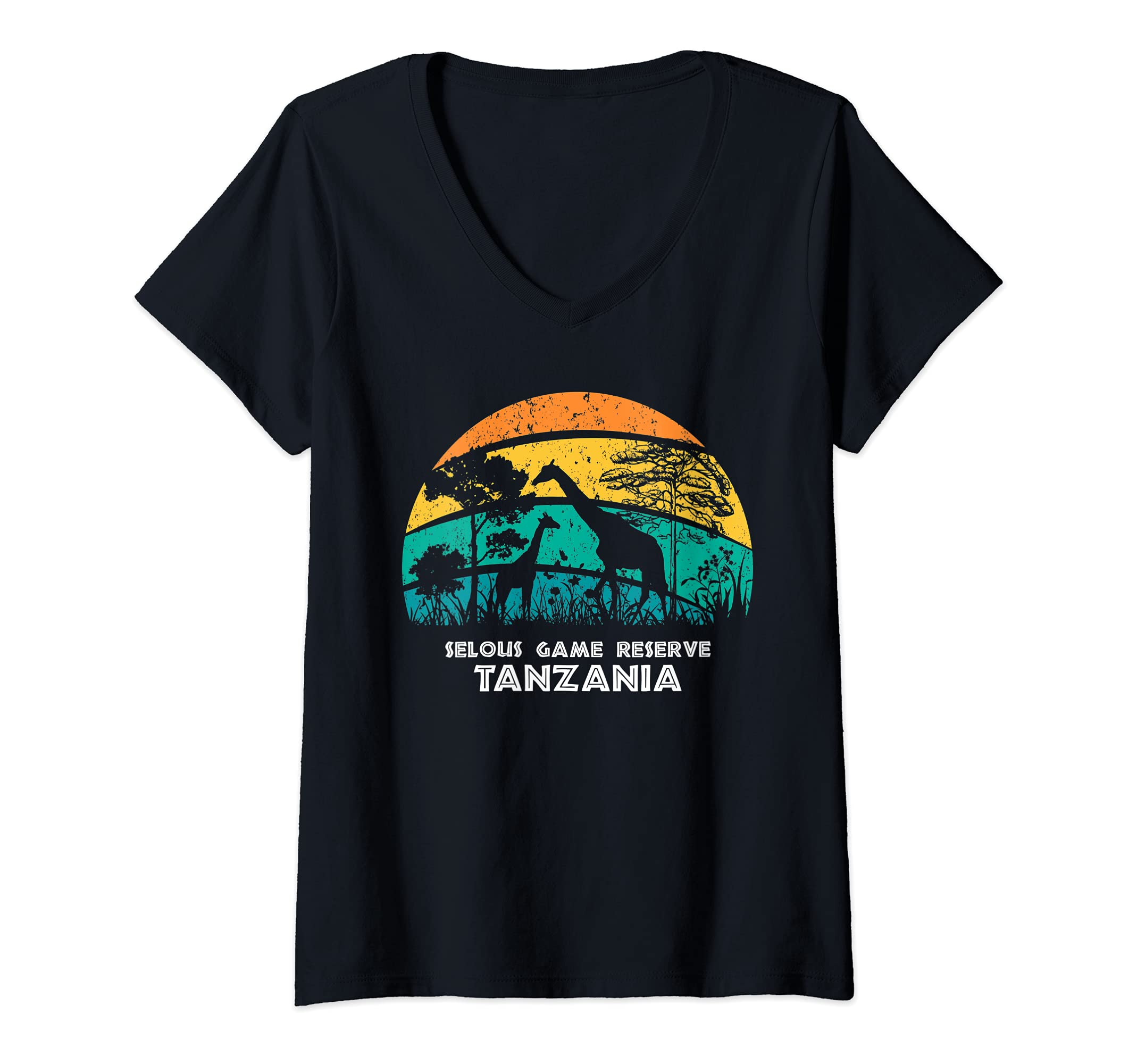 Womens Vintage Retro Selous Game Reserve, Tanzania Africa Safari Gi V-Neck T-Shirt, Black