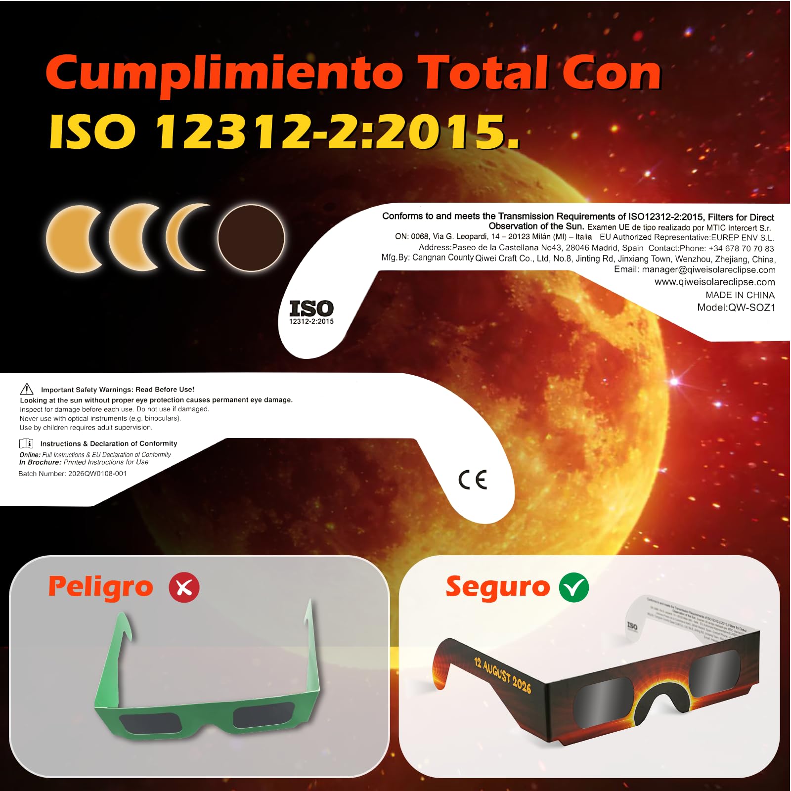 QIWEI gafas eclipse solar homologadas QW-SOZ5 [Pack de 4], Certificadas EN ISO 12312-2, Visores Solares Seguros para Observación Directa del Sol, Filtros de Alta Definición — view 4