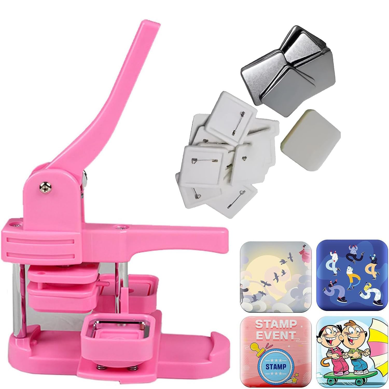 ZXGRfdefa Badge maker, 50 mm SquareMaking Machine Badge Maker Button Press DIY Pin Making Kit(Pink,Pin Badges)