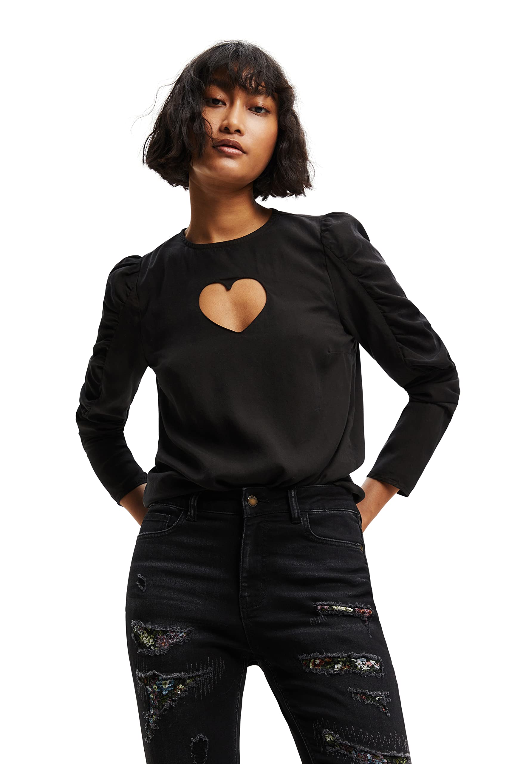 Balloon-sleeve blouse with heart - BLACK - L