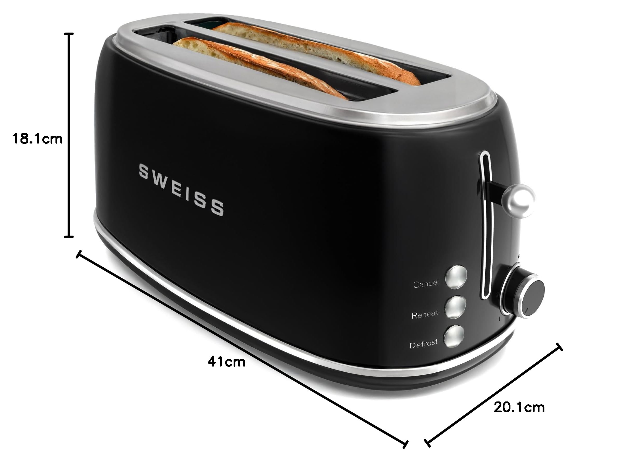 SWEISS Tostador GRV9 vintage, 2 ranuras, 6 niveles de potencia, Descongelación, Baguettes, Rápido y uniforme, Fácil limpieza, Bandeja recogemigas, Negro, 1500 W