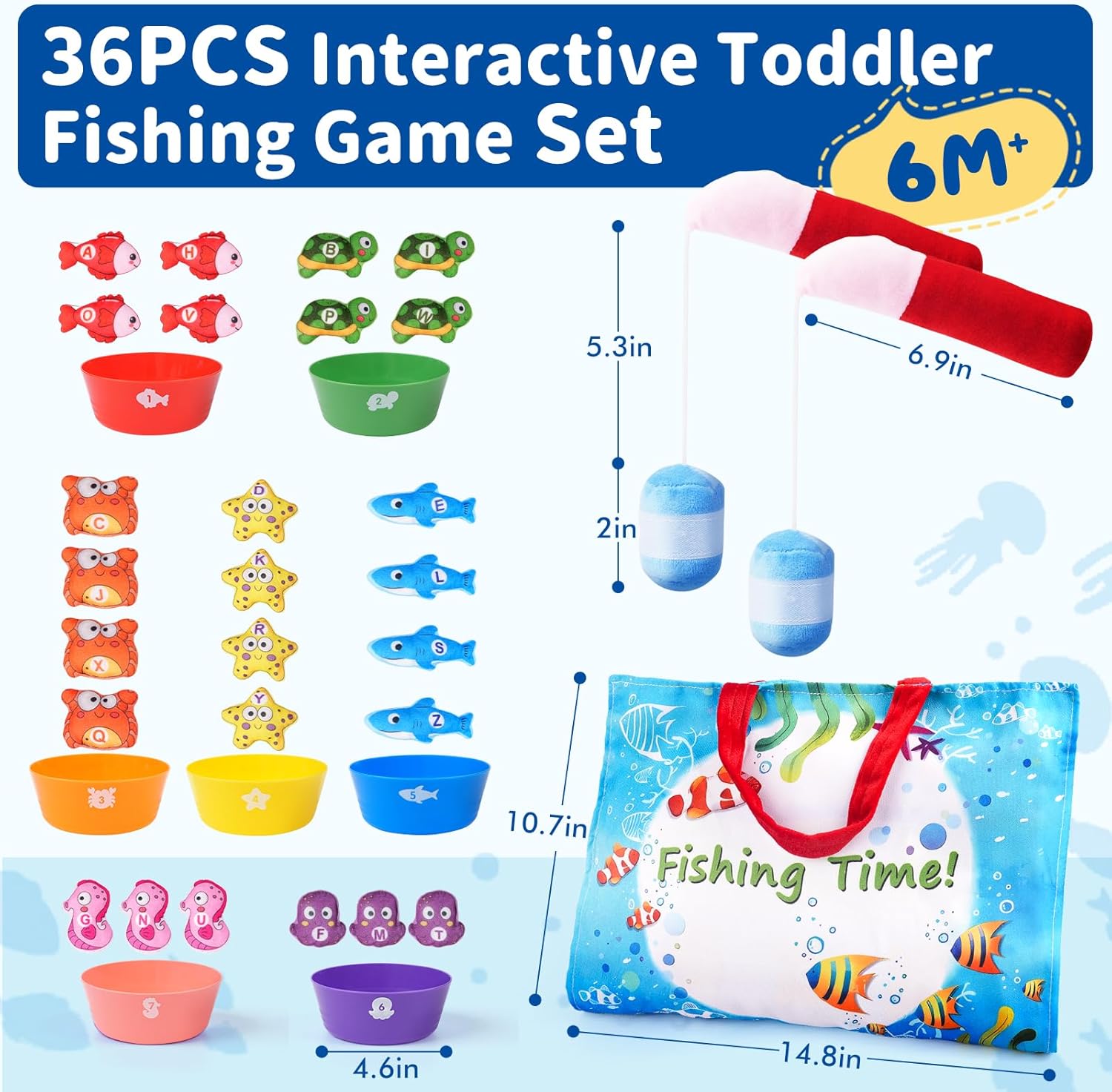 Learning Toy for Toddlers 1 2 3 Years Old, Counting, Matching & Sorting Montessori Learning with Alphabet Sea Animals & 7 Color Sorting Bowls, Fine Motor Skills Boy Girl Gift