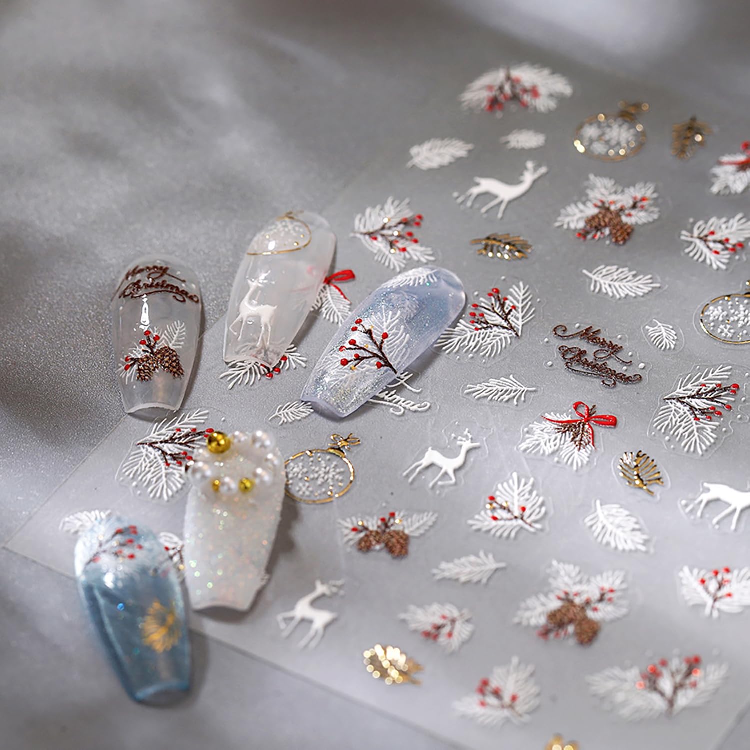 5D Embossed Christmas Nail Stickers - Winter Snow Nail Art Designs with Deer, Red Fruits, Trees, Feathers & Snowflakes for Women & Girls