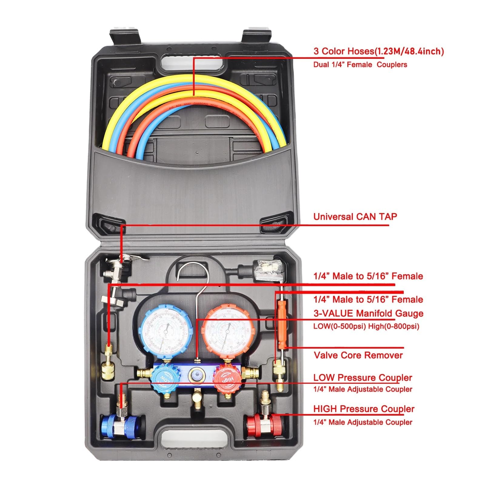 Juego de manómetro de diagnóstico de CA for refrigerante R22 R134A R404A R410A con Manguera de 5 pies acoplador rápido Ajustable Detección en Tiempo Real