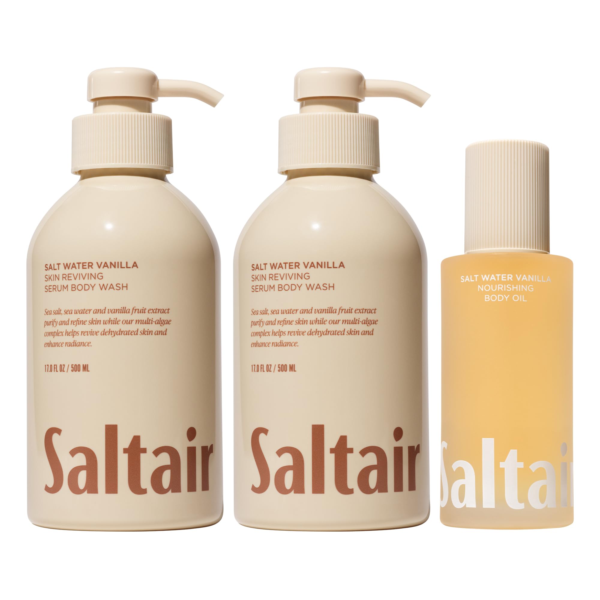 Saltair Body Oil and 2-Pack Body Wash Set Moisturizing Cleanser and After-Shower Skincare Duo Salt Water Vanilla Scent