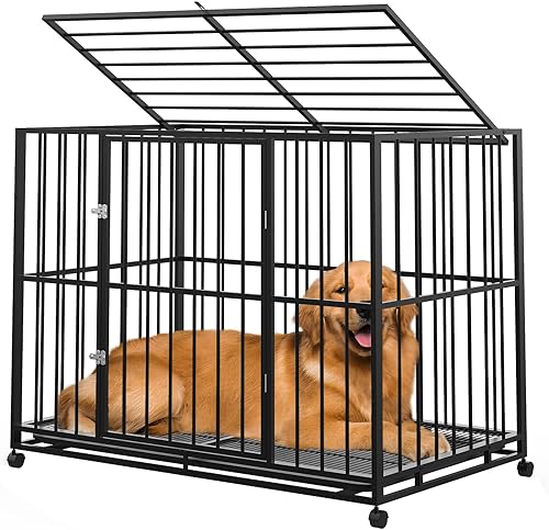 Jaula para perros de 48 pulgadas para perros de tamaño grande, acero inoxidable resistente, a prueba de escapes, con ruedas y bandeja extraíble,