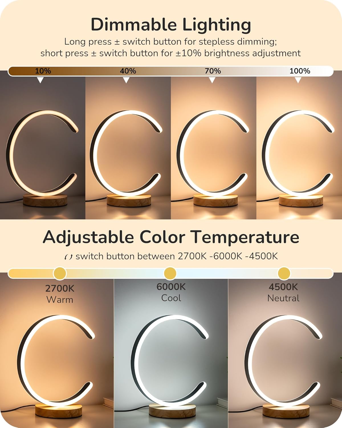 EDISHINE LED Table Lamp, C-Shaped Modern Lamps for Nightstand with 3 Color Temperature & Dimming, Upgraded Switch, Silicone Lampshade & Solid Wood Base, Bedside Lamp for Living Room, Bedroom, Black