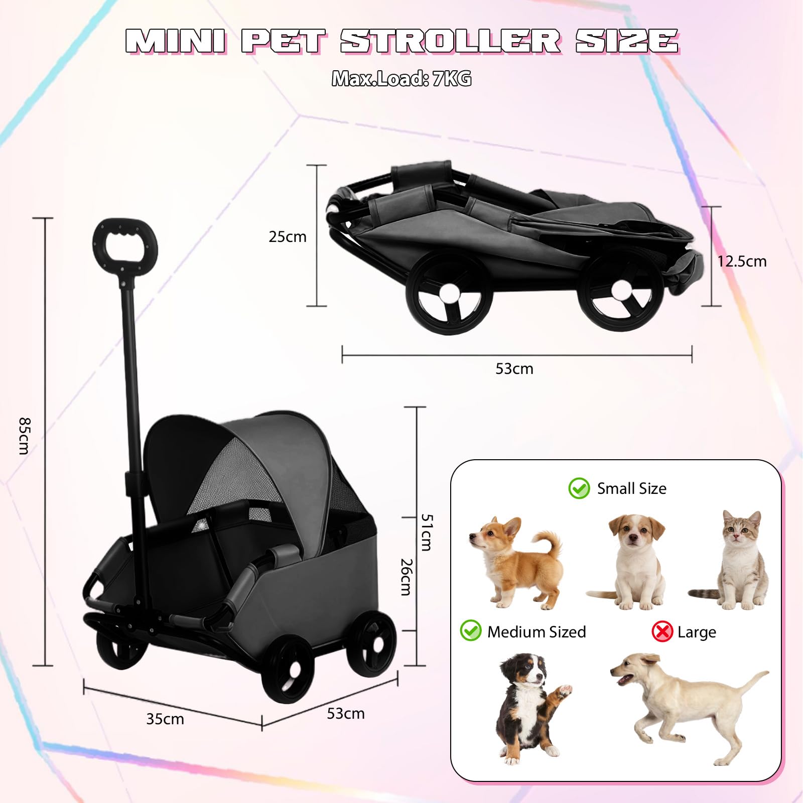 Chariot Pliable pour Chien, 4 Roues avec Barre Pivotante à 360°, Poussette pour Chat avec Visière Solaire, Mini Poussette pour Animaux de Compagnie, Tissu Oxford 600D (noir)