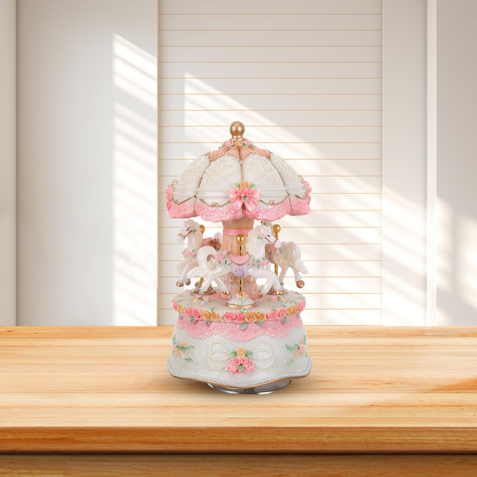Carillon Giostra Vintage in Resina con Luce, Cavallo Rotante | Bianco, Dettagli Eleganti per Tavole Natalizie, Idea Regalo per Compleanno per Ragazze