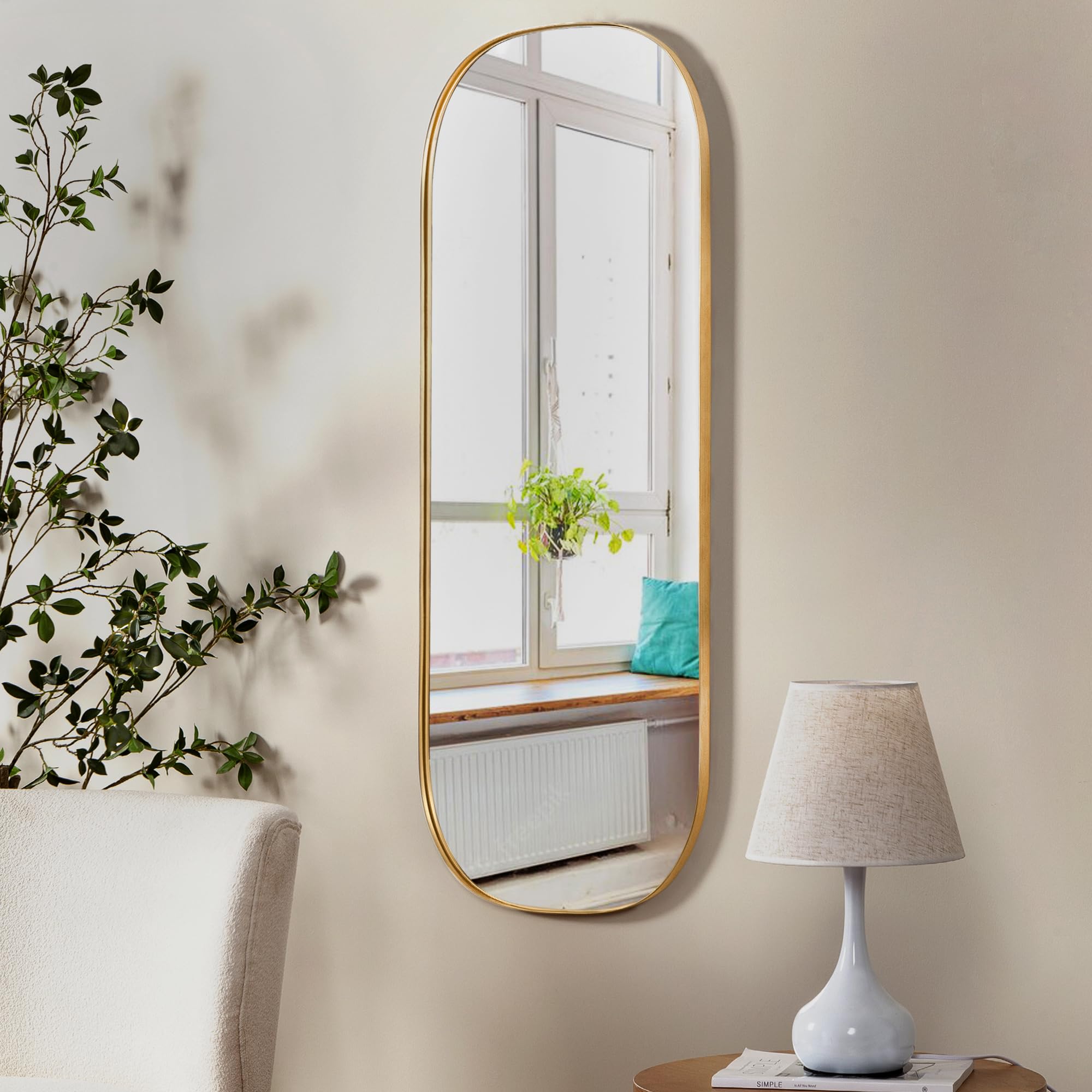 SHYFOY Espejo ovalado largo con marco único de metal, 120 x 45 cm, espejo grande de pared dorado, espejo de pared para colgar en la pared, sala de estar, espejo decorativo para maquillaje para