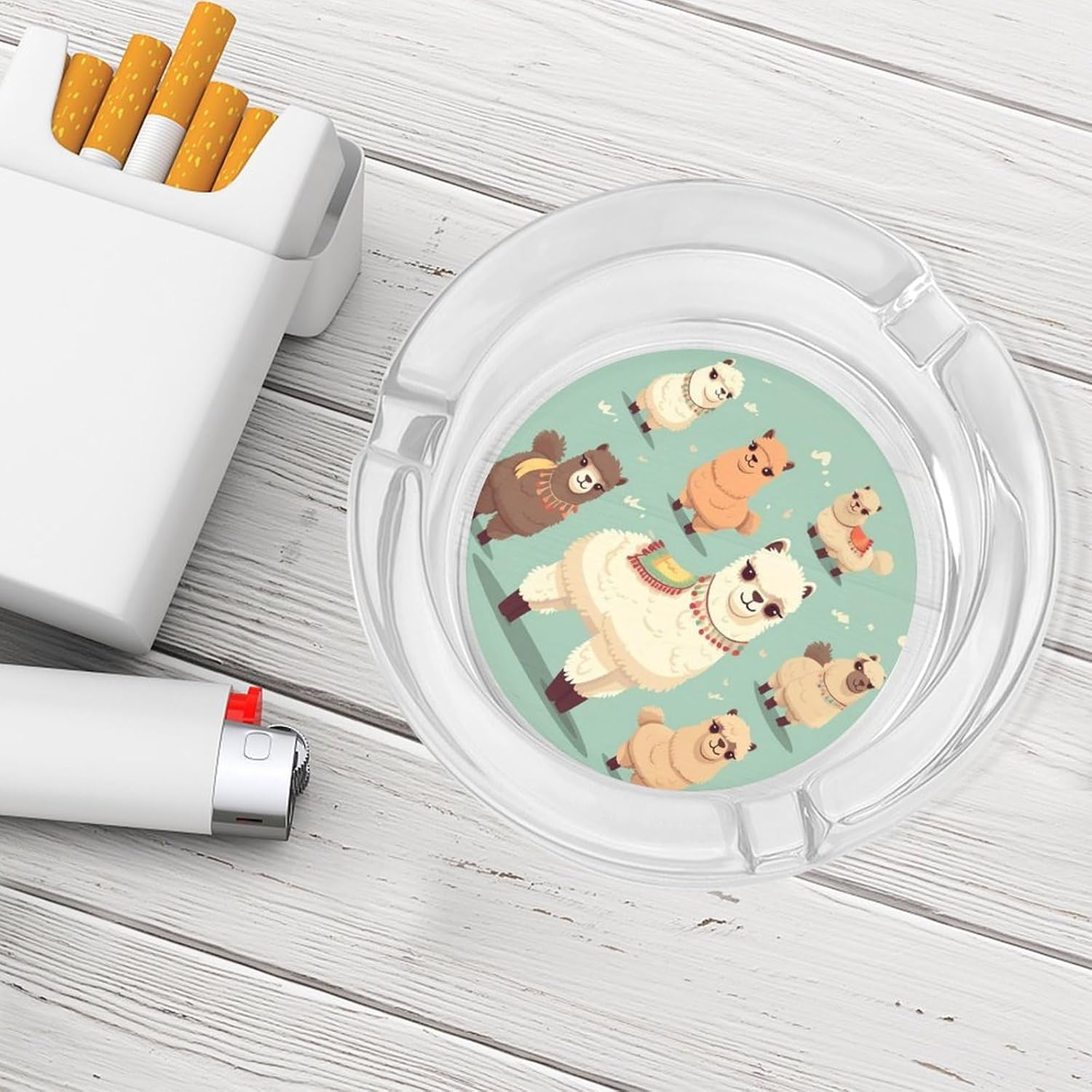 Glass Ashtrays,Alpacas Printed Round Ashtrays Portable Decorative Modern Ashtrays Non-slip Ashtrays for Home Office Indoor Outdoor