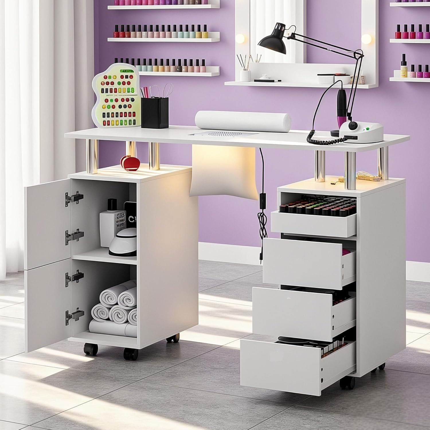 Mesa de Manicura para Uñas con Aspirador,8 Ruedas,3 Bolsas para Polvo, Reposamuñecas, 6 Cajones,Mesa Profesional para Artistas, tatuadores, Estudios y estética (Extra Grande Blanco)