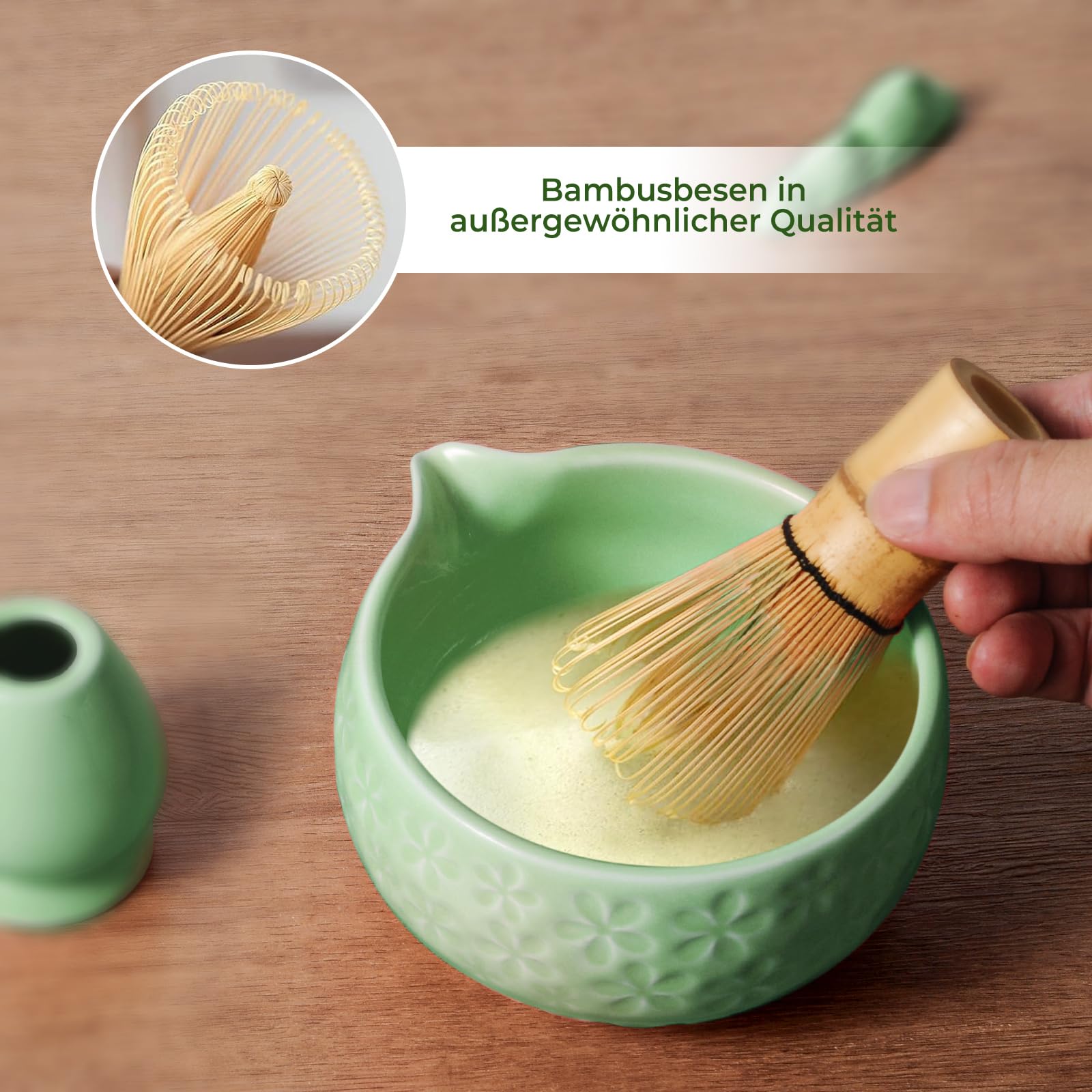 Souvik Matcha Set 7 Pezzi - Ciotola in Ceramica, Frusta Chasen, Cucchiaio di Bambù, Supporto e Accessori - Kit Matcha Tradizionale per Cerimonia del Tè - Ideale come regalo, casa o ufficio