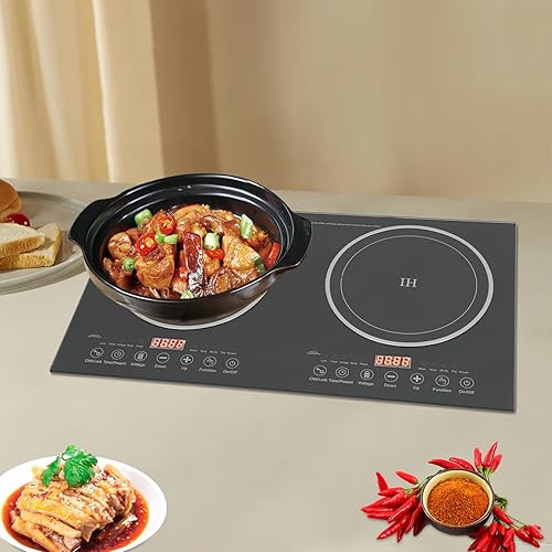 Miniatura 3 de Cocina de inducción doble con 2 quemadores, 1200 W de cocina de quemador eléctrico, Placa de cocción de inducción de vidrio templado, Placa de