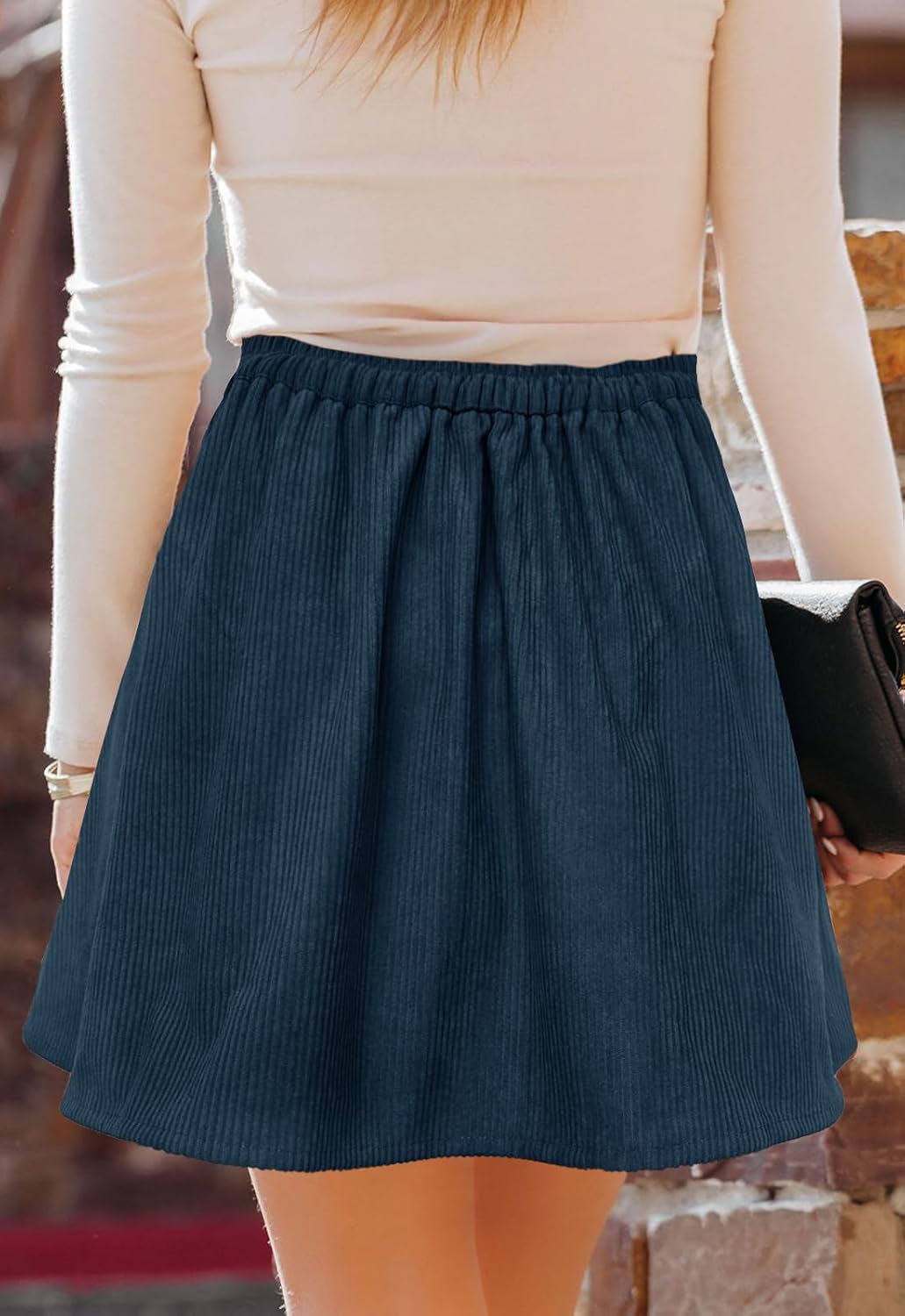 Women’s Button Front Mini Skirt A-line Pleated Corduroy Skater Skirts for Women with Pocket - Image 3