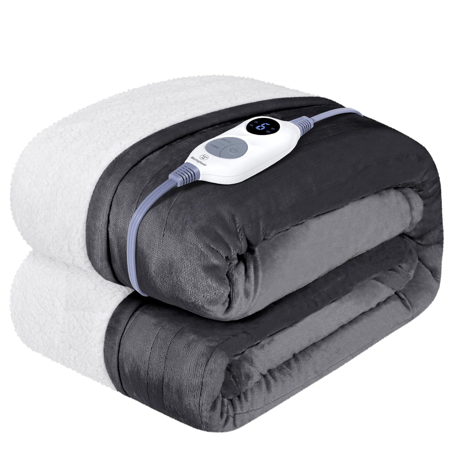 westinghouse heated throw blanket, soft flannel to sherpa electric throw with 6 heating levels, 2-10 hours time settings, fast heating, machine washable 50x60 inch, charcoal
