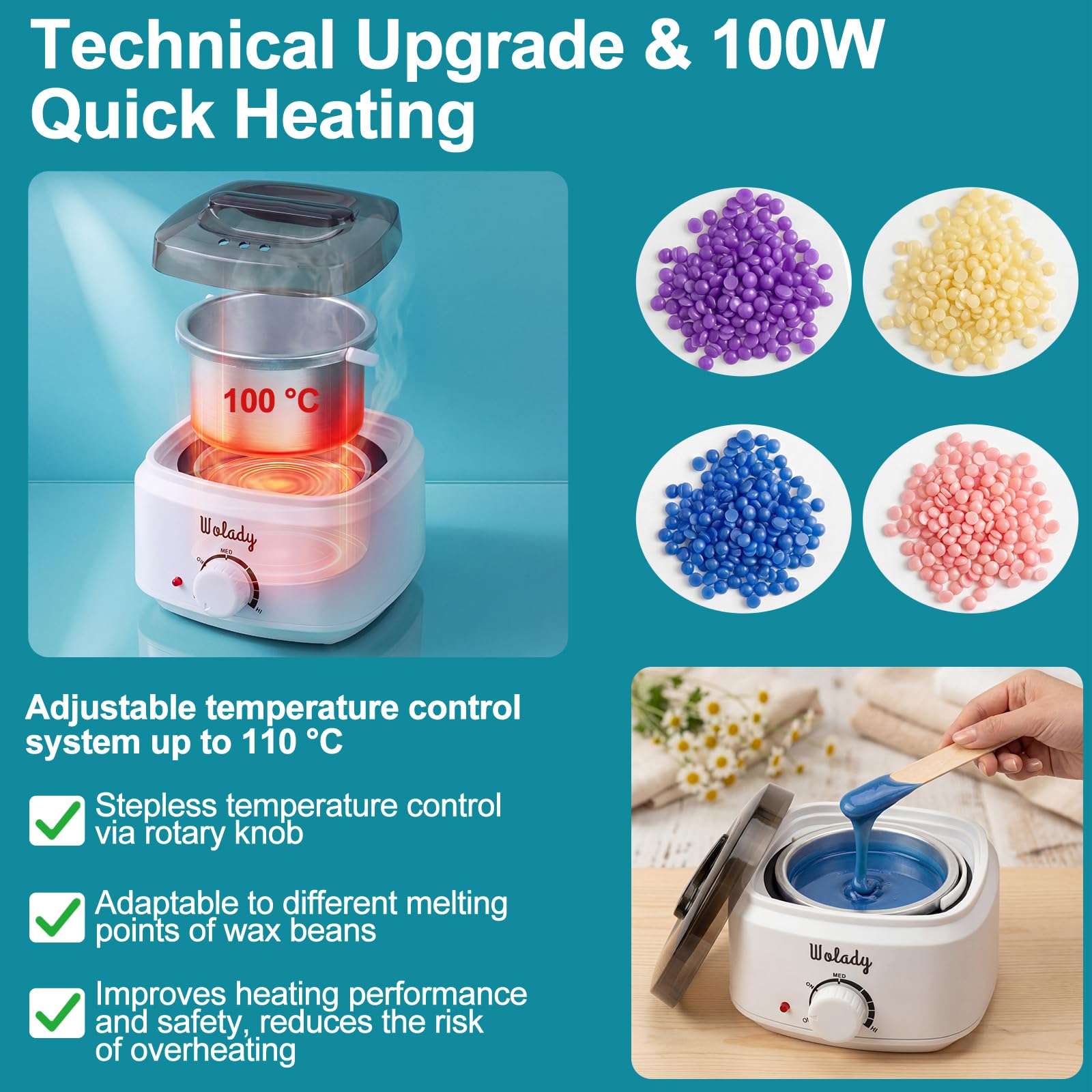 Calentador de Cera Depilatoria Eléctrico Profesional 450ml con 4 Paquetes Granos de Cera y 30 Palillos de Madera para Depilación Casero Spa Cara Brazos Axilas Piernas